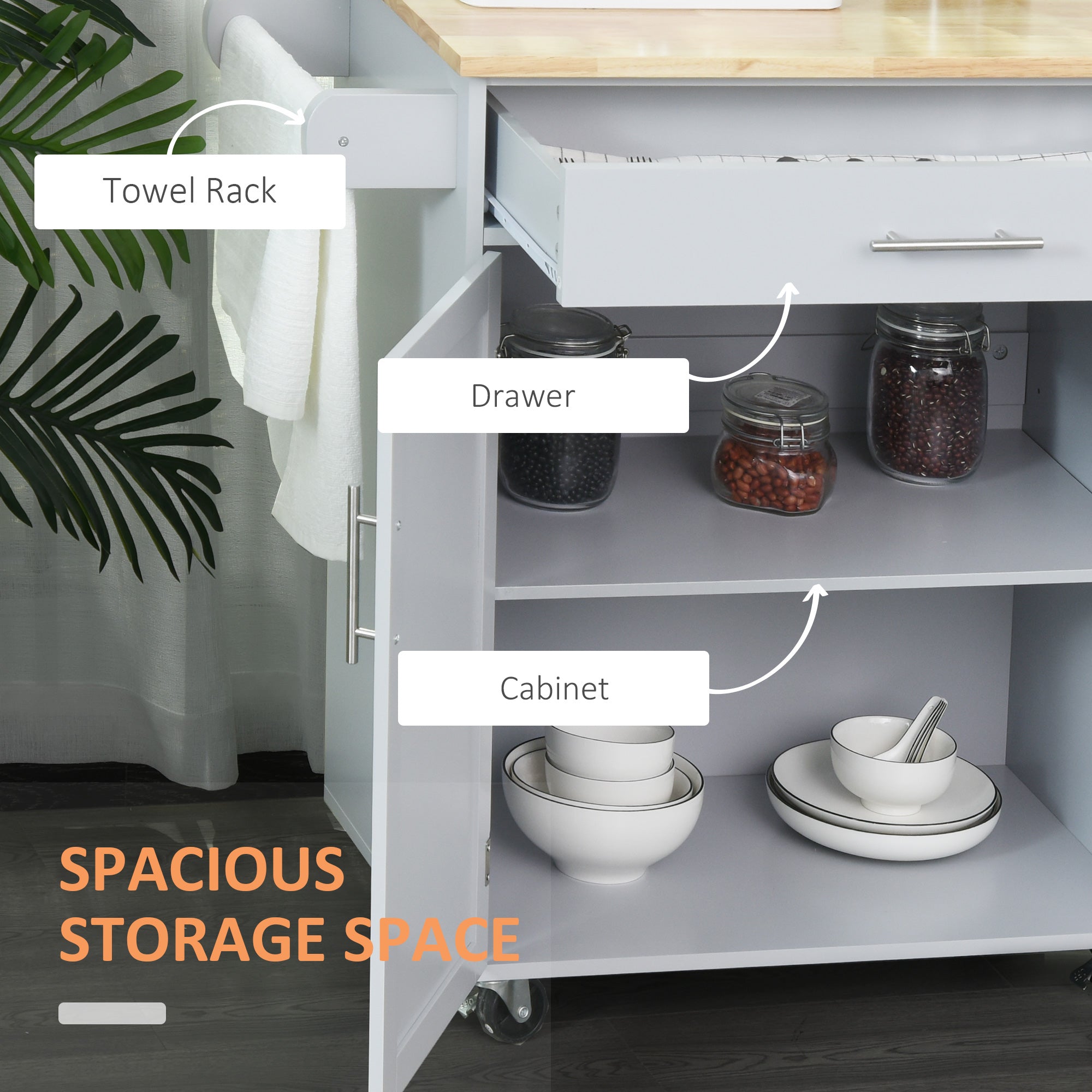 HOMCOM Versatile Kitchen Aide: Rolling Island Cart with Wood Top, Storage Drawer, Towel Bar, Shelves, and Grey Finish 