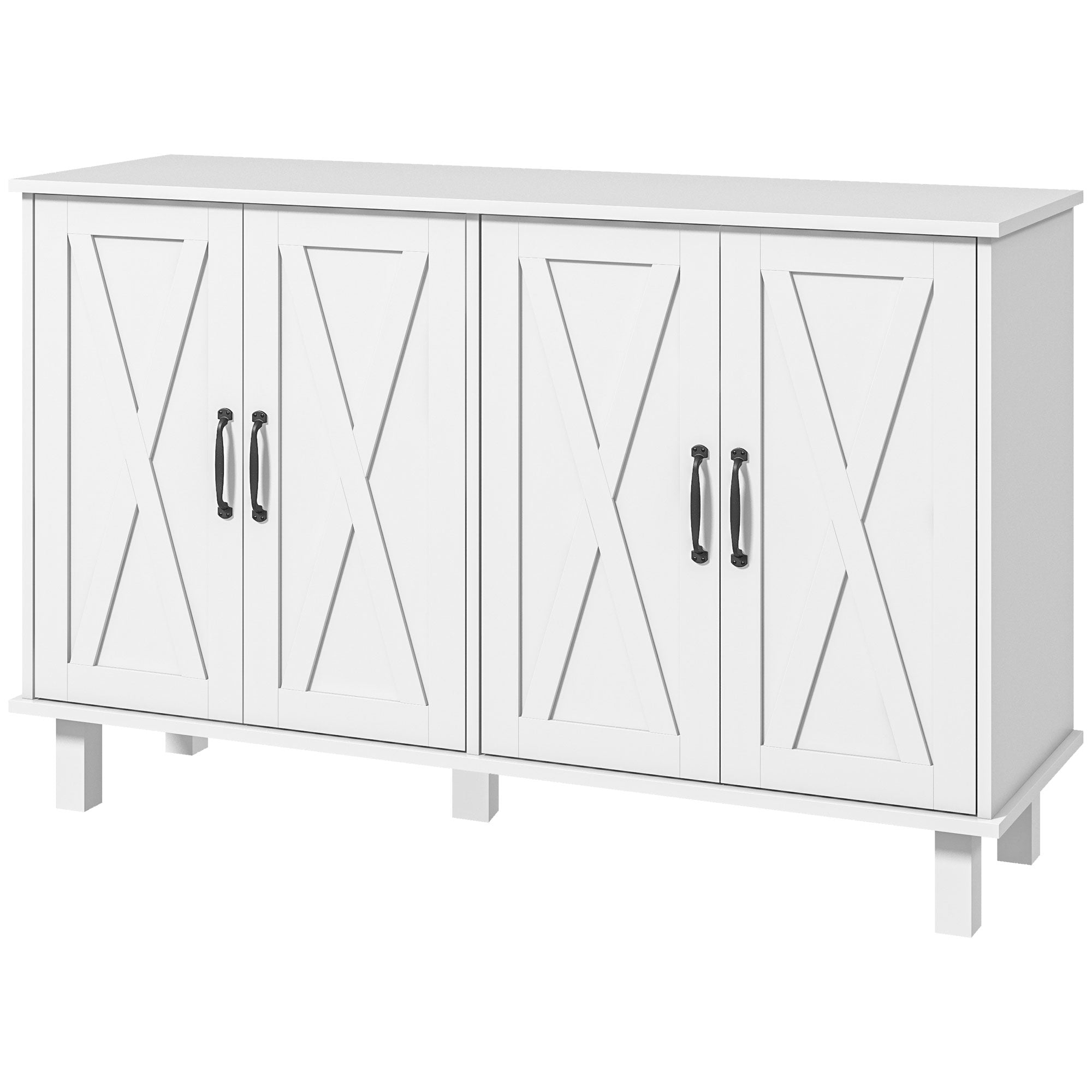 HOMCOM White 4-Door Buffet Table: Kitchen Sideboard Bar Cabinet with Barn Doors and 2 Adjustable Shelves for Living Room, Hallway 