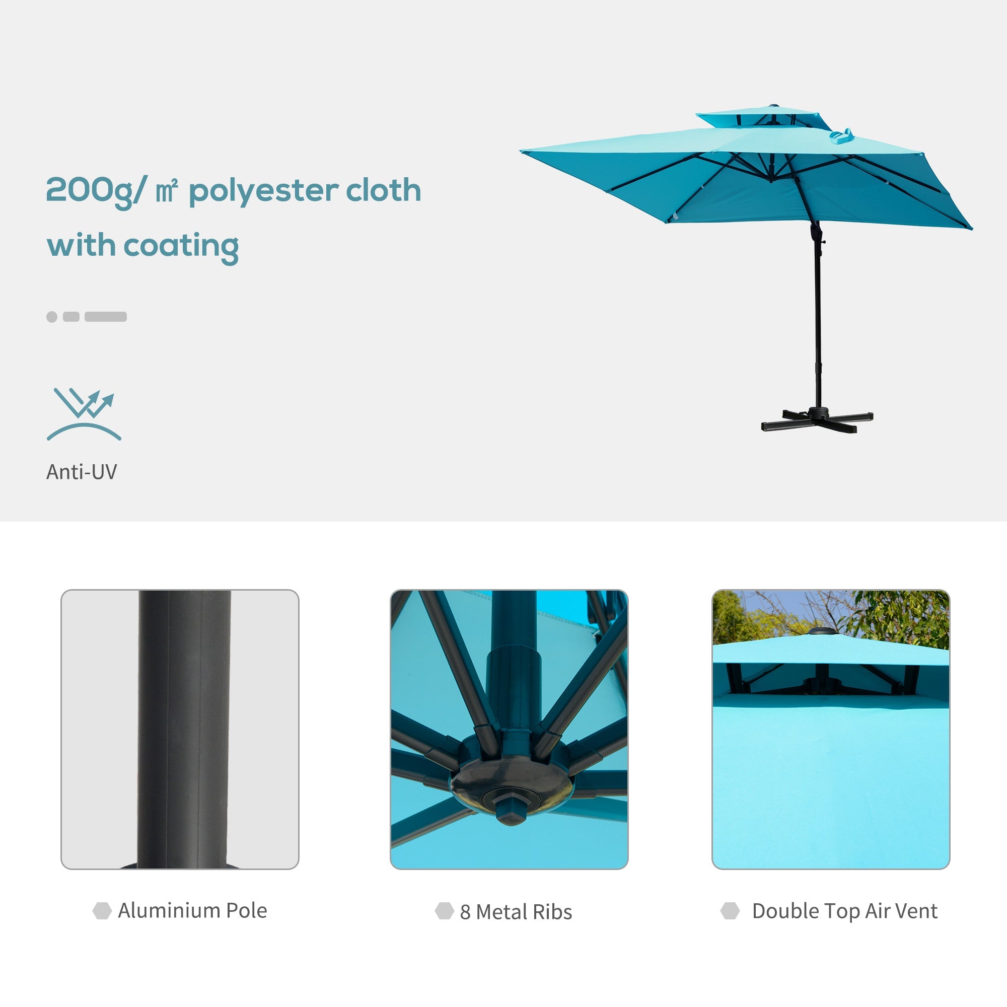 Outsunny 10'x10' Square Cantilever Patio Umbrella: Light Blue Offset Aluminum with 360° Rotation 