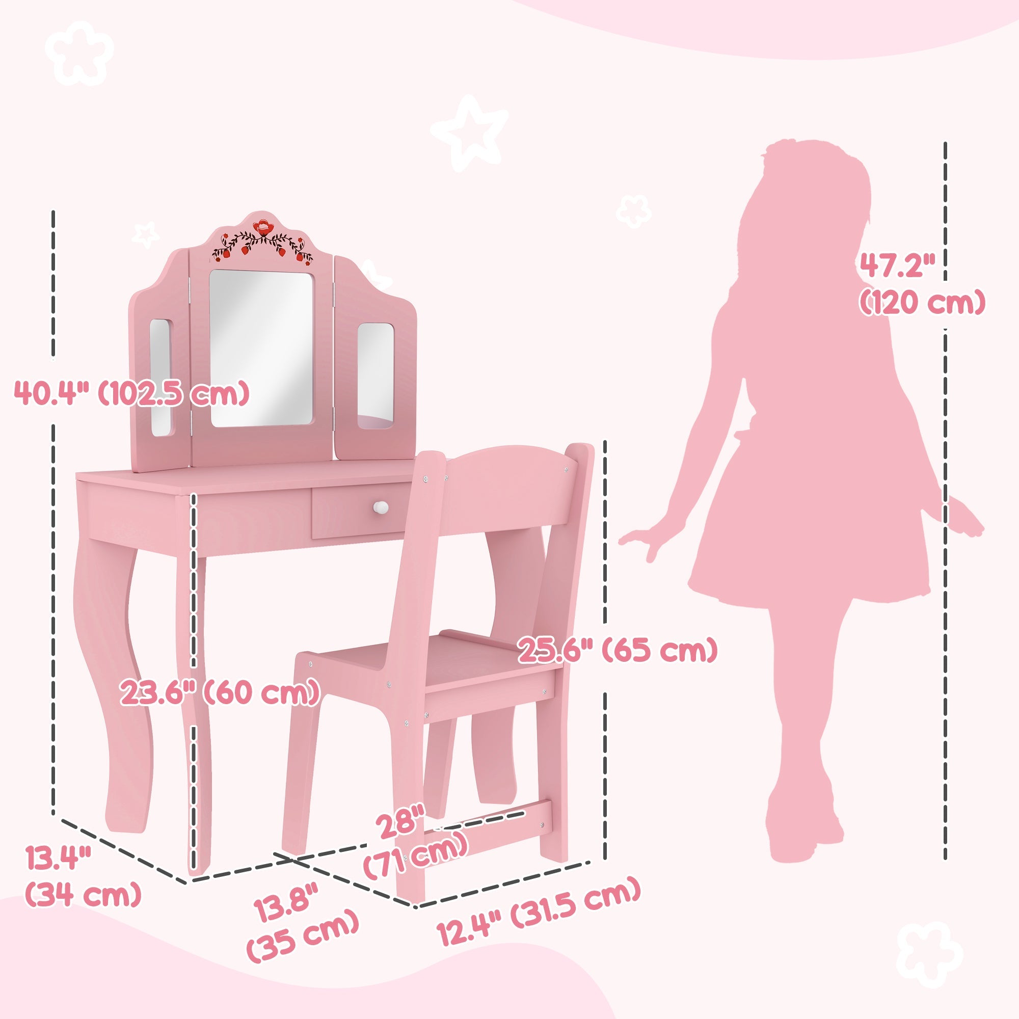 Qaba Kids Vanity Set, Dual-Use Dressing Table with Removable Tri-Folding Mirror and Drawer, for Ages 3-8, Pink 