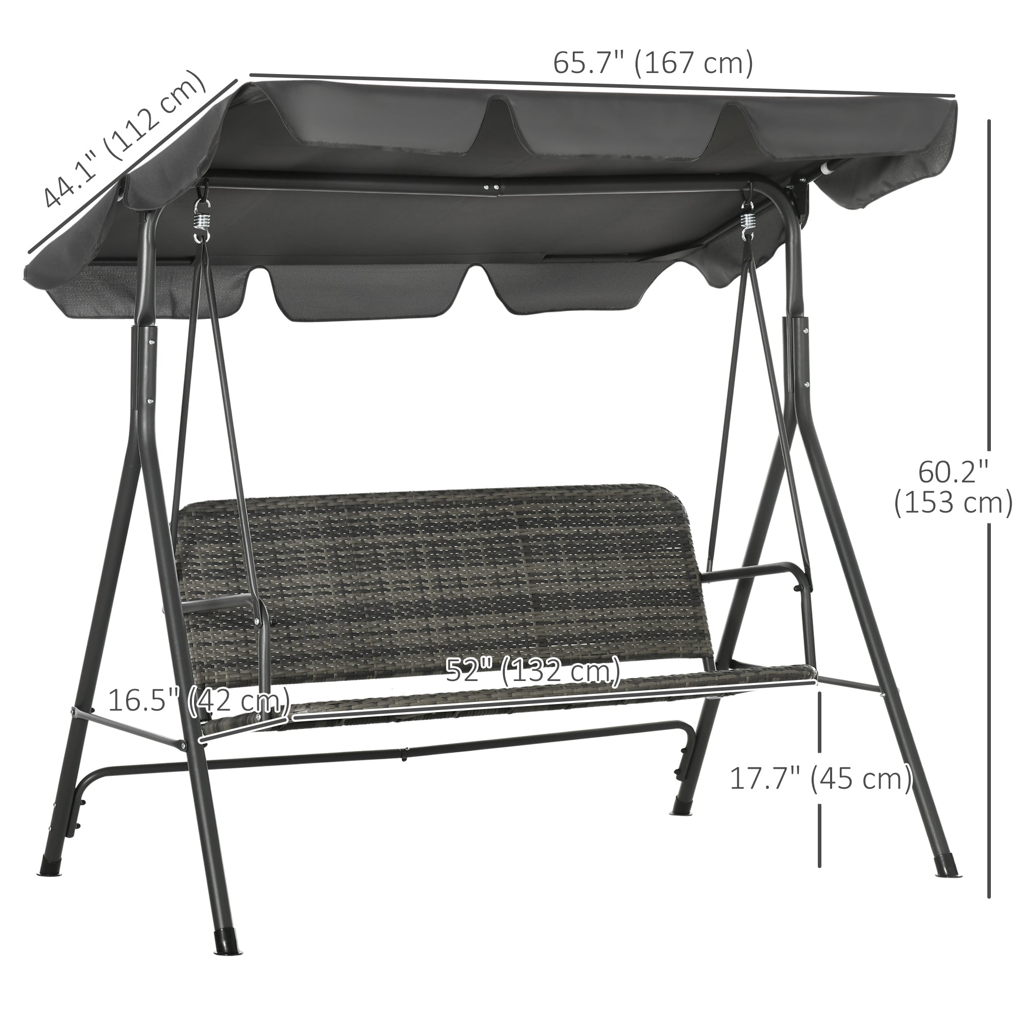 Outsunny 3 Seater Rattan Outdoor Patio Swing with Adjustable Canopy and Stand for Garden Porck Backyard, Grey 