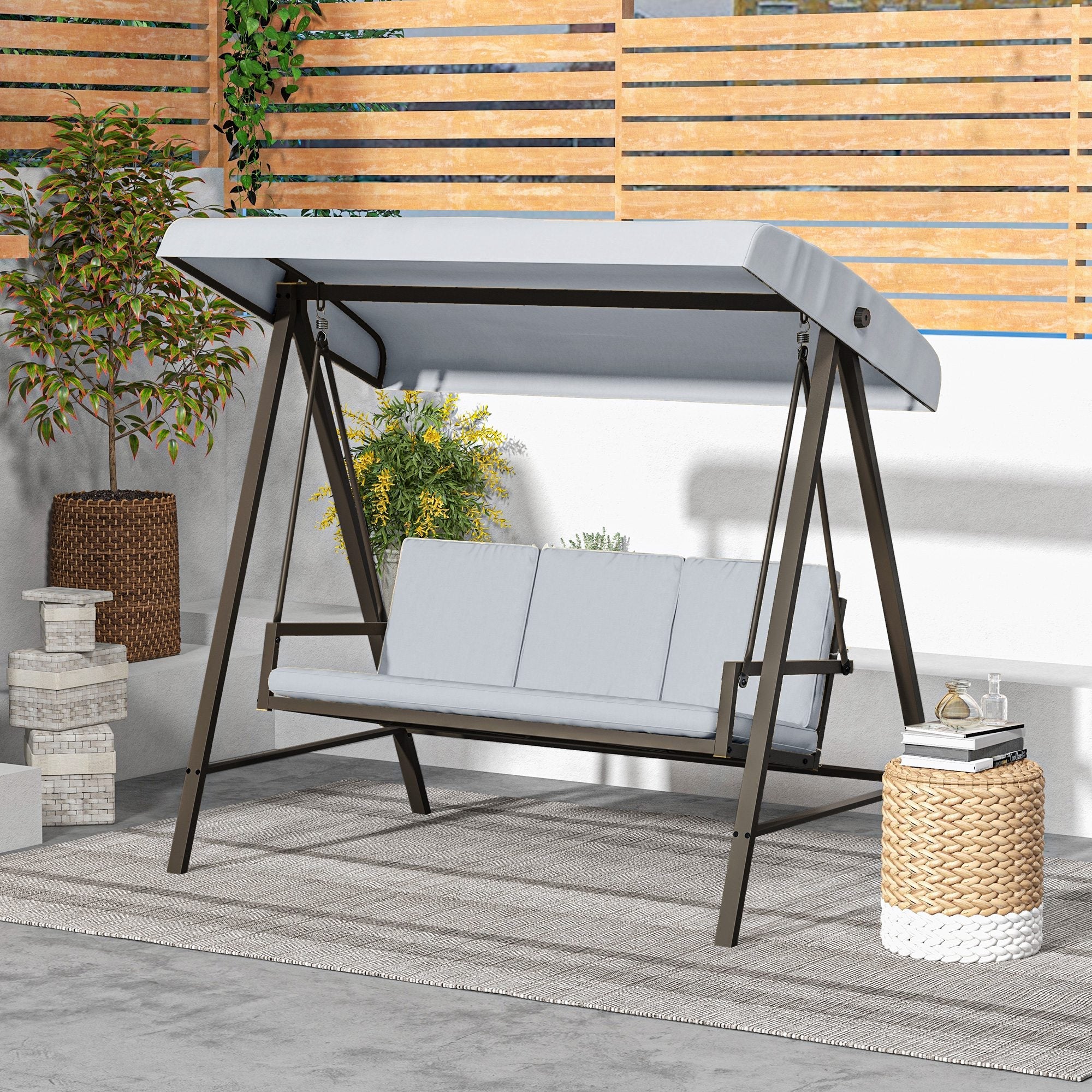Outsunny 3 Seater Patio Swing Chair, Porch Swing with Adjustable Canopy and Removable Cushions, Outdoor Swing Seat, Light Grey 