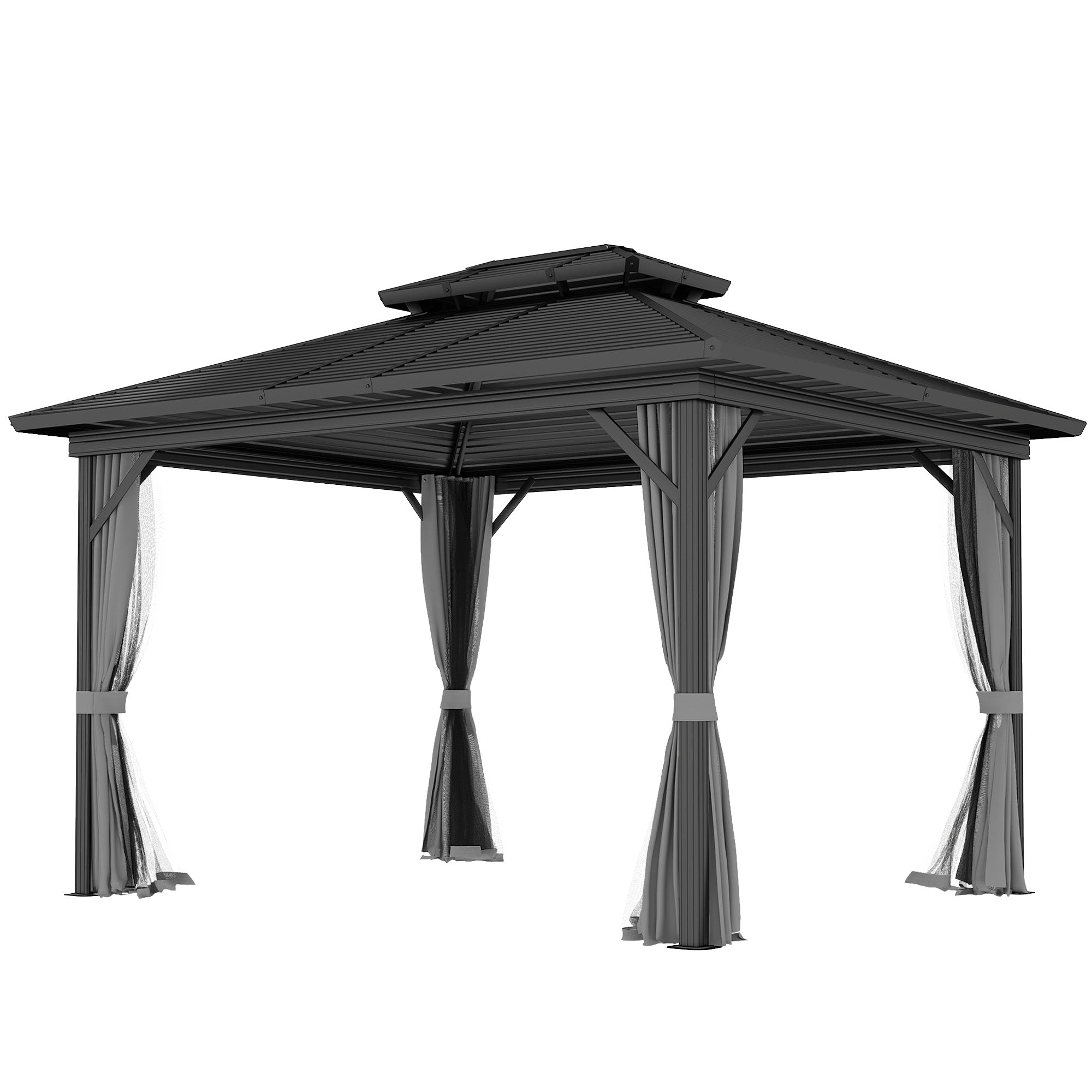 Outsunny 10 x 12ft Canopy Tent, Hardtop Gazebo with 2-Tier Metal Roof & Hanging Hooks for Outdoor Leisure, Light Grey 