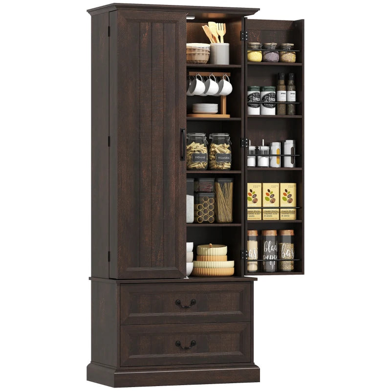 72" LED Kitchen Pantry Cabinet, Buffet Storage Cabinet with 10 Door Shelves, 2 Drawers and Adjustable Shelves, Brown