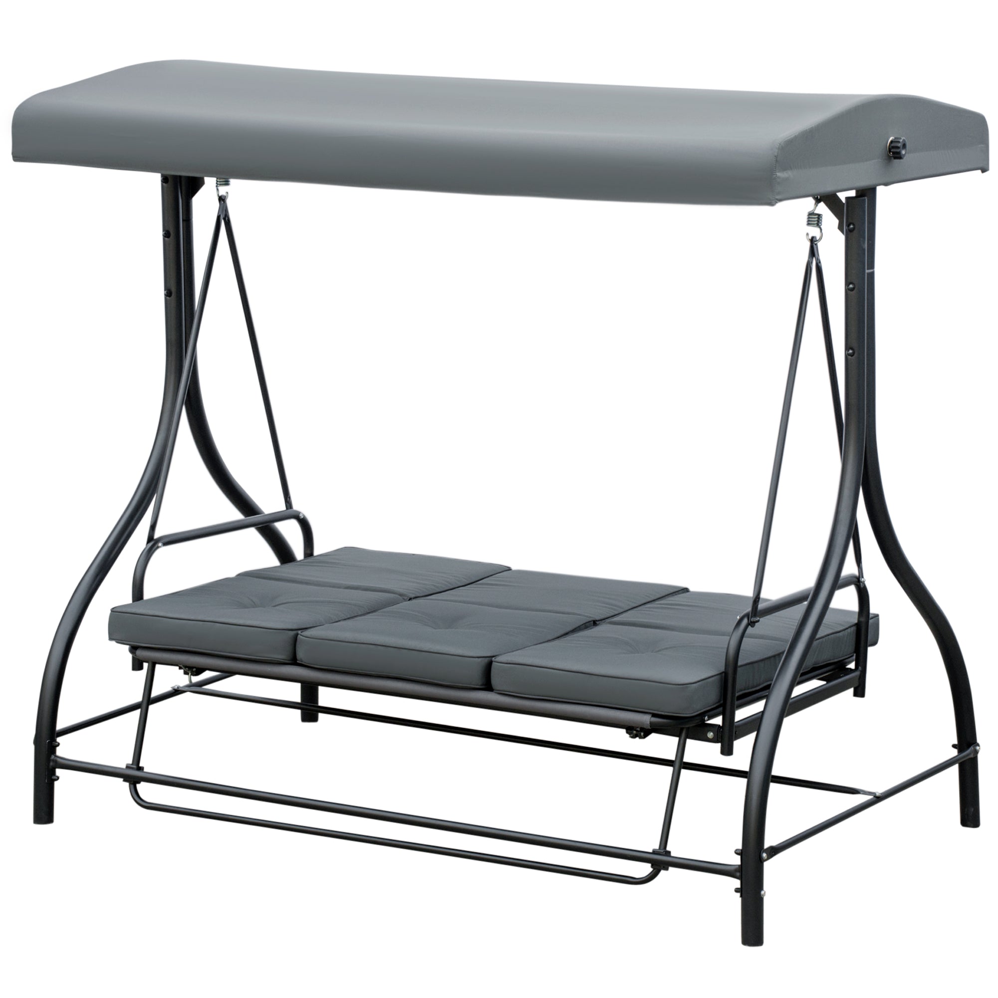 Outsunny Patio Swing Bed Convertible 3 Seater with Adjustable Canopy Cushions Dark Grey 