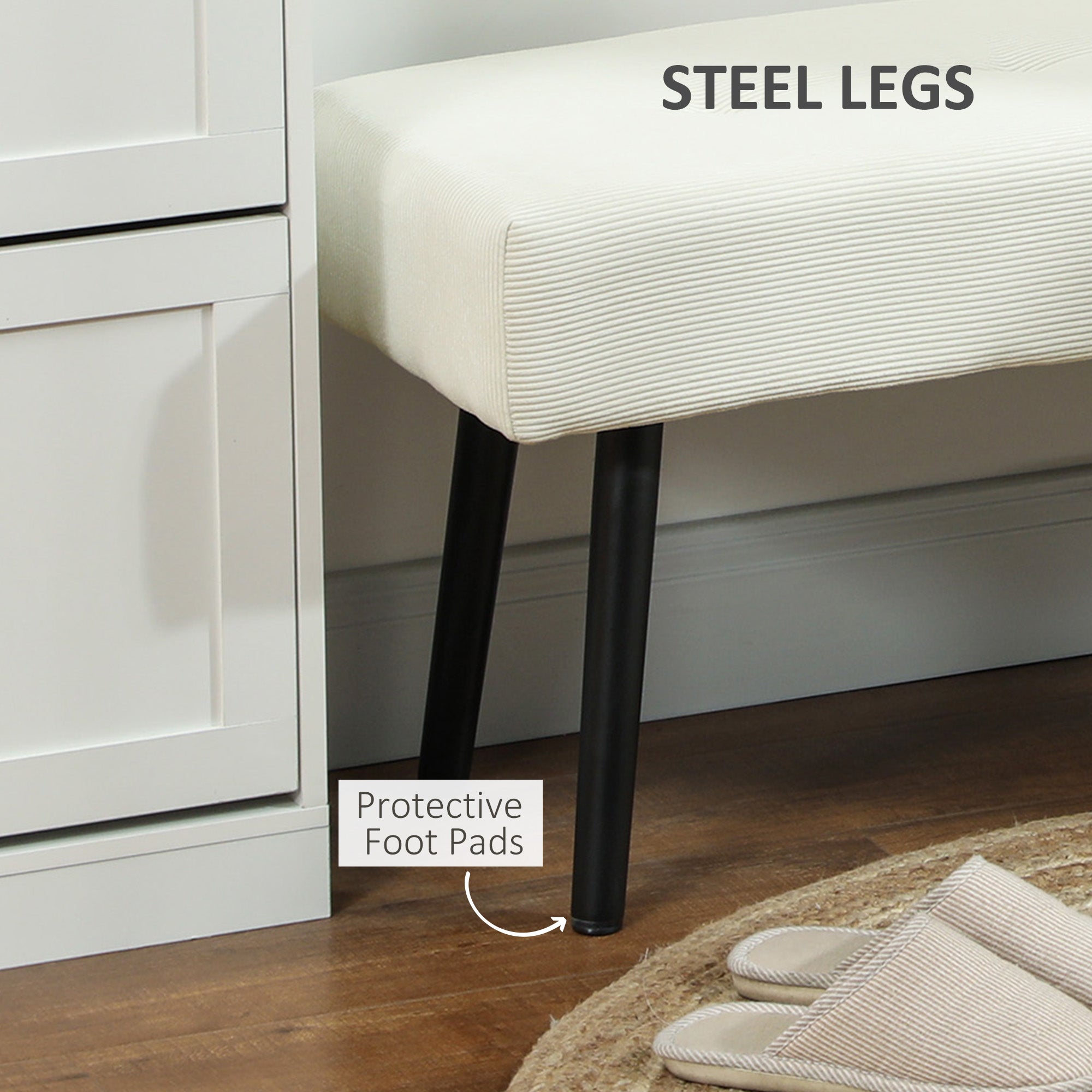 HOMCOM 39" Upholstered Ottoman Bench, Corduroy Entryway Bedroom Bench with Padded Seat and Steel Legs for Bedroom, Cream White 