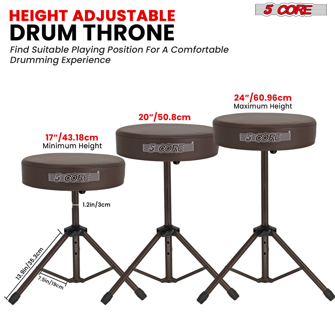 5Core Drum Throne Adjustable Guitar Stool Padded Drummer Seat for Adults & Kids BROWN