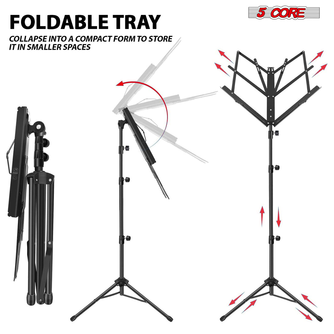 5Core Music Stand For Sheet Music Portable Tripod Adjustable Folding With Lights Note Holder BLACK