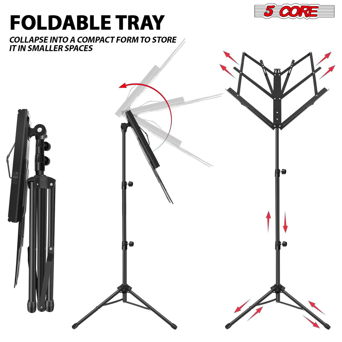 5Core Portable Music Stand for Sheet Music Adjustable Tripod Folding Note Holder Black