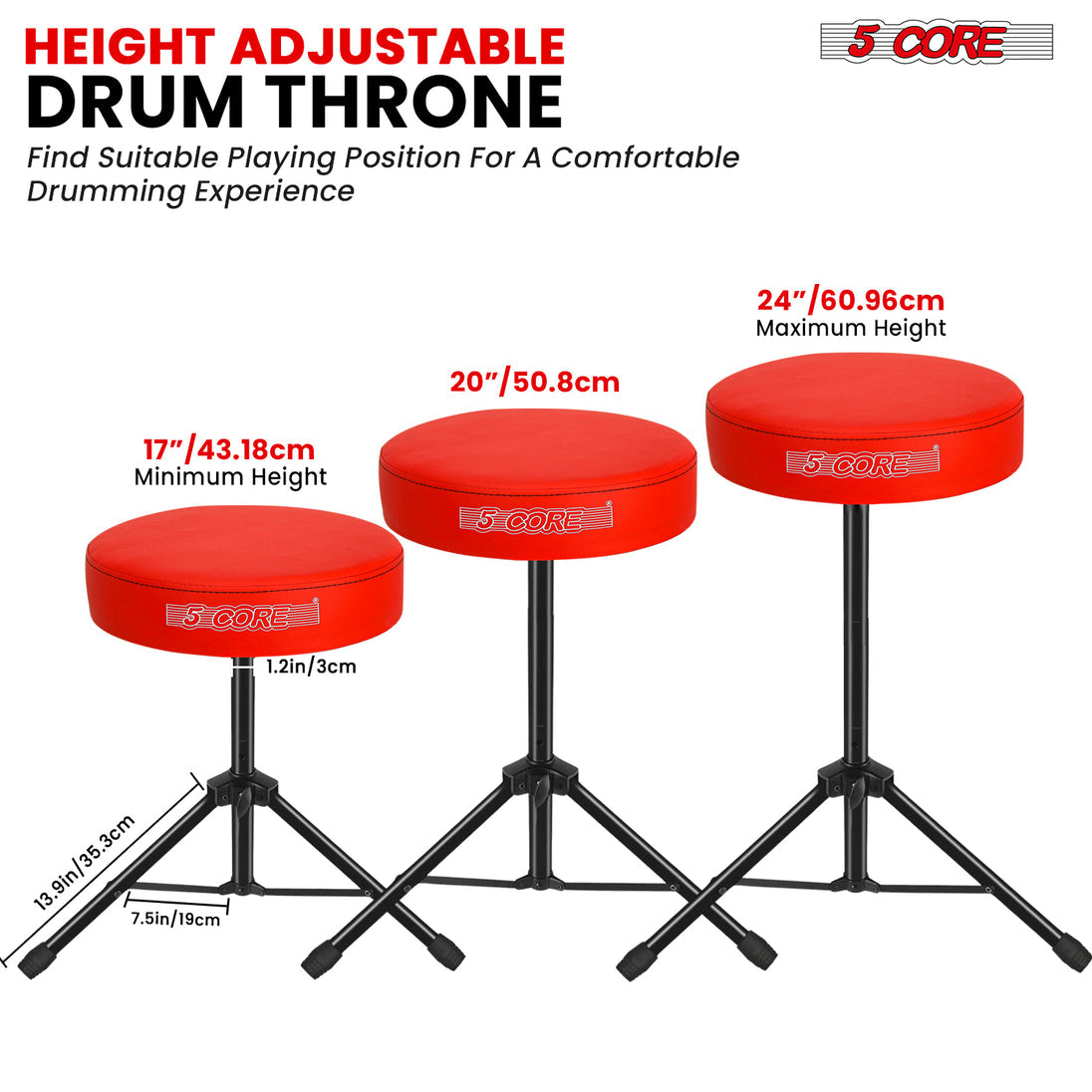 5Core Drum Throne Adjustable Guitar Stool Padded Drummer Seat for Adults & Kids RED