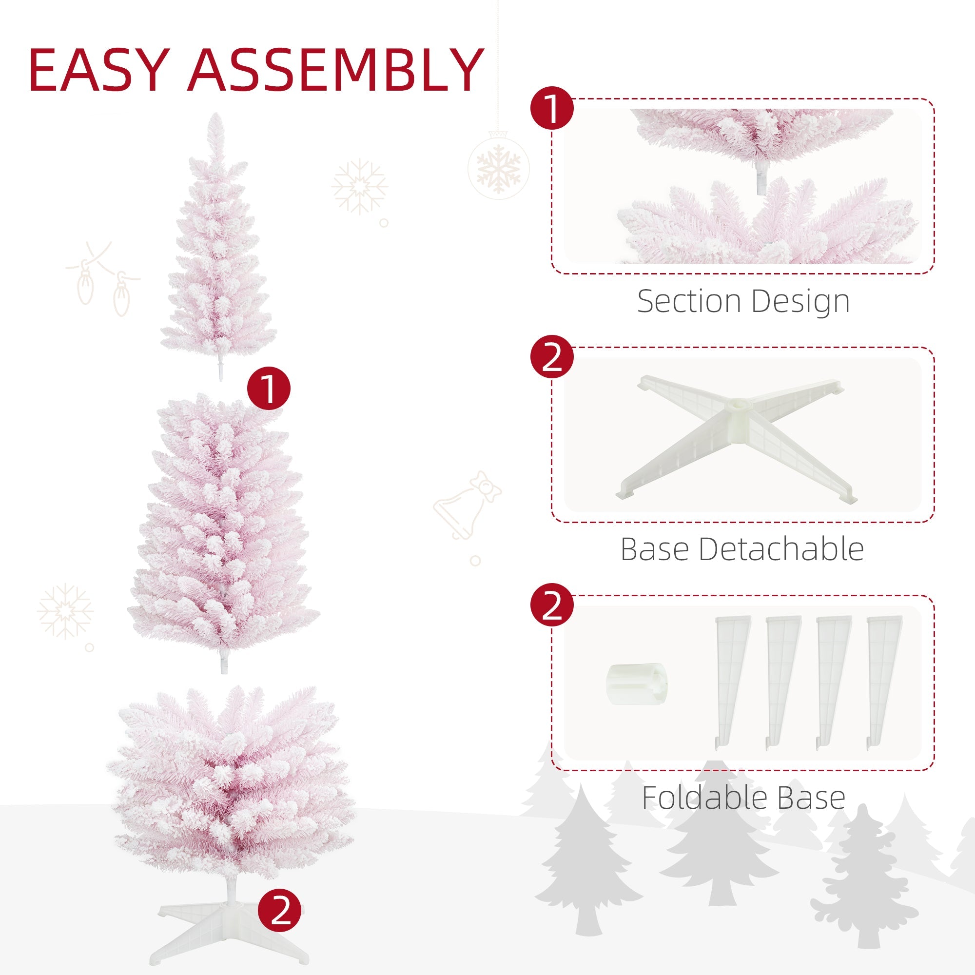 HOMCOM 7ft Flocked Christmas Tree, Pencil Artificial Christmas Tree with Realistic Branches, Pink 