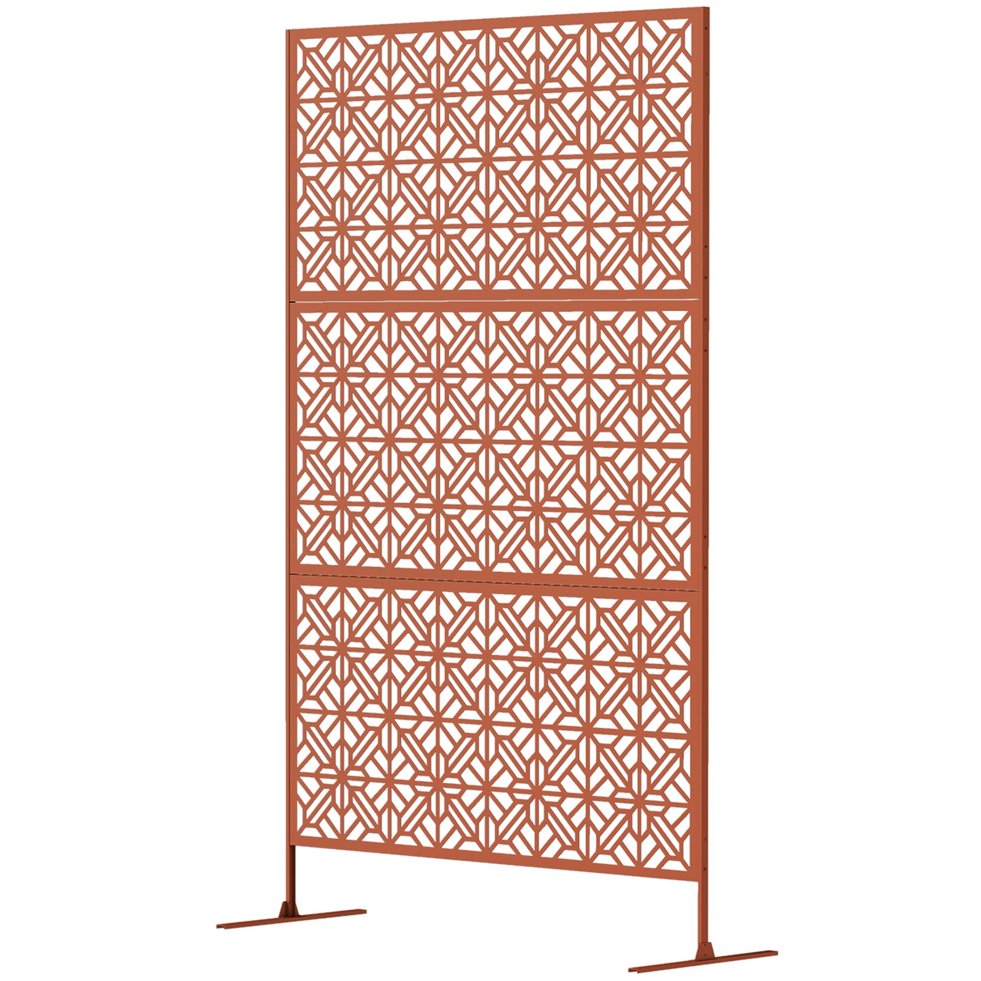 Outsunny Decorative Outdoor Privacy Panel with Stand, Freestanding Metal Outdoor Divider for Garden, Backyard, Deck, Brown 