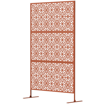 Outsunny Decorative Outdoor Privacy Panel with Stand, Freestanding Metal Outdoor Divider for Garden, Backyard, Deck, Brown 