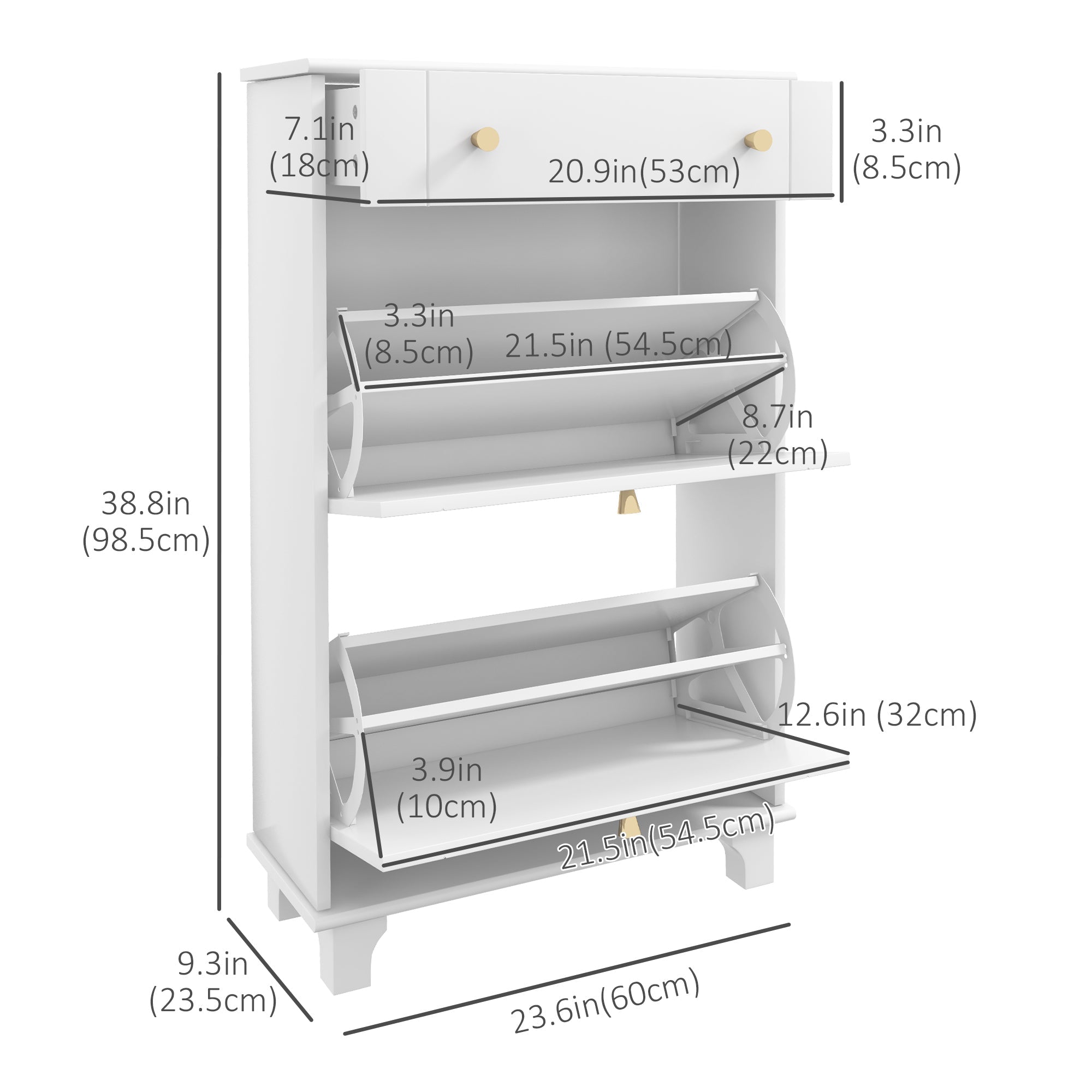 HOMCOM Compact Slim Shoe Storage 2 Flip Drawers Adjustable Shelves for 8 Pairs White Shoe Cabinet Organizer for Entryway 