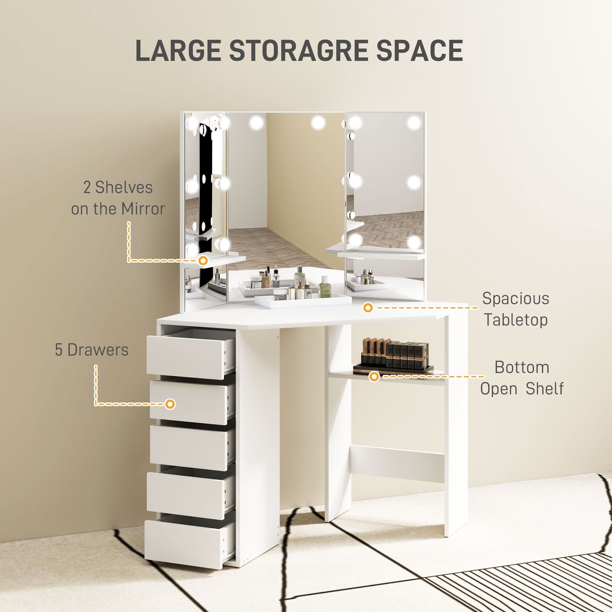 HOMCOM Makeup Vanity Desk with 3-Panel Mirror and 10 LED Lights, Dressing Table with 5 Drawers and Shelves for Bedroom, White 