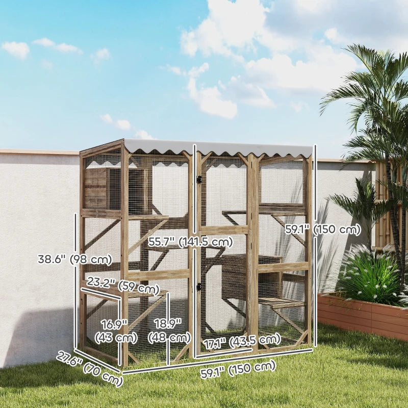 Wooden Catio Outdoor with Window Access, Waterproof Cover, Relaxing Condo, 5 Platforms, Doors, 59" x 28" x 59", Brown