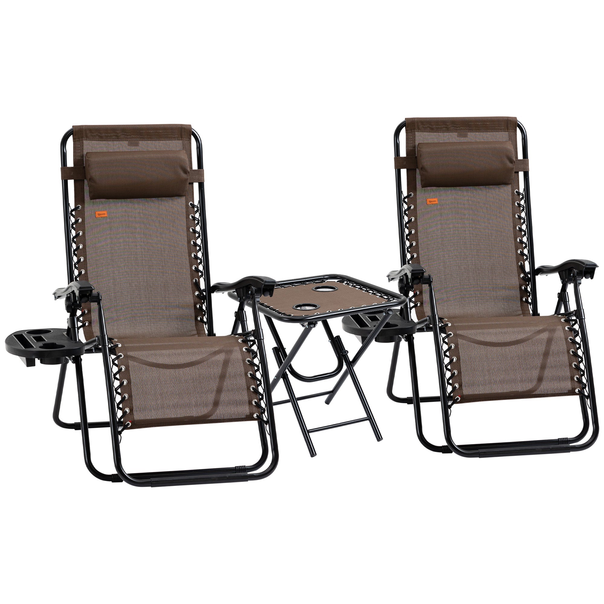 Outsunny Zero Gravity Chair Set of 2 Patio Chair with Side Table Cupholders and Pillows for Pool, Backyard, Lawn, Beach, Brown 