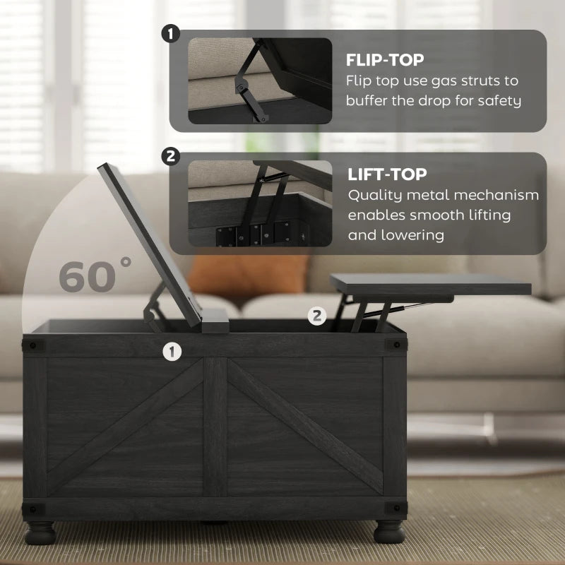 Coffee Table with Lift Top, 32" Farmhouse Center Table with Hidden Compartment for Living Room, Black Wood Grain