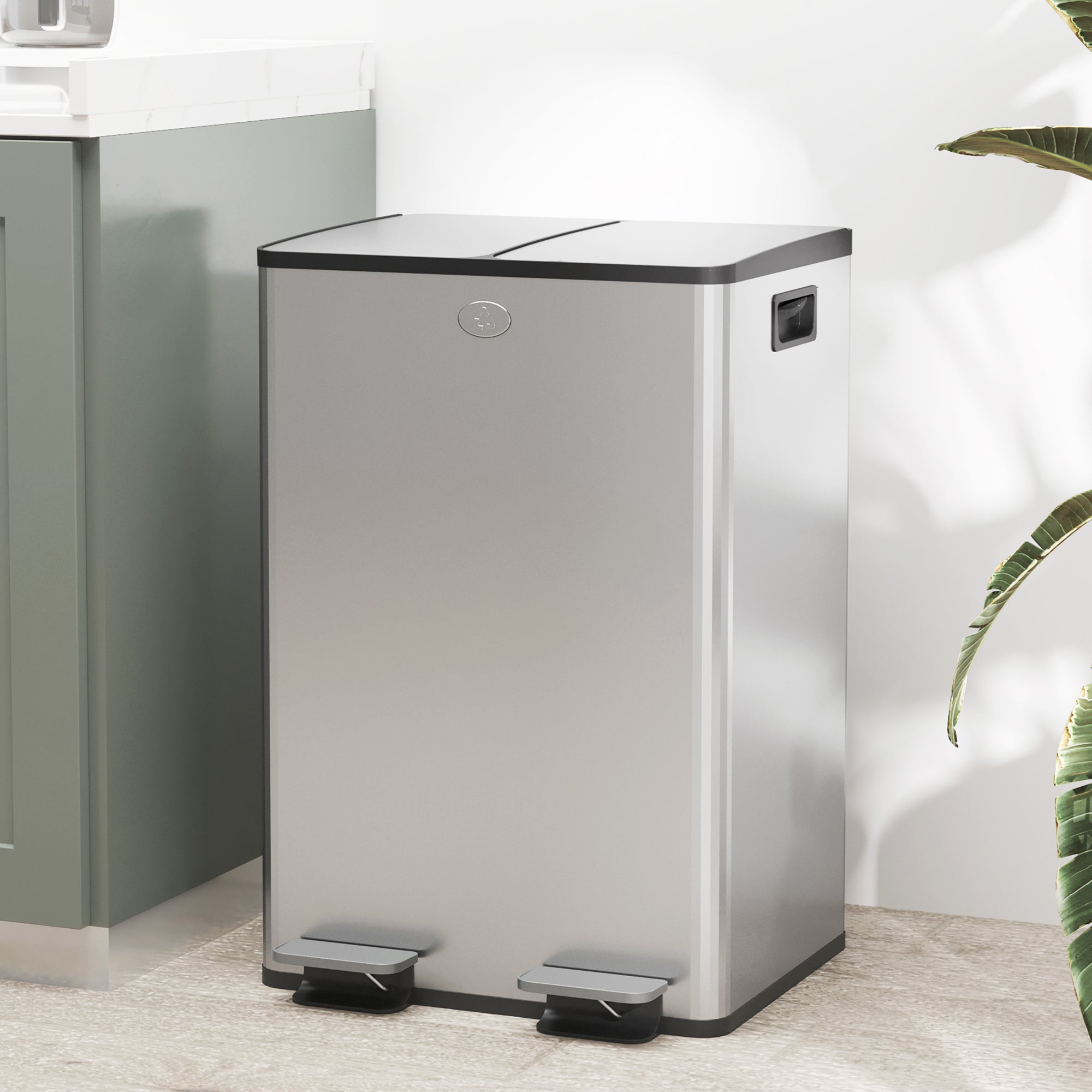 HOMCOM Dual Garbage Bin, Soft-Close Trash Can with Foot Pedal, 2 x 28 Liter Garbage Can with Removable Inner Buckets, Silver 