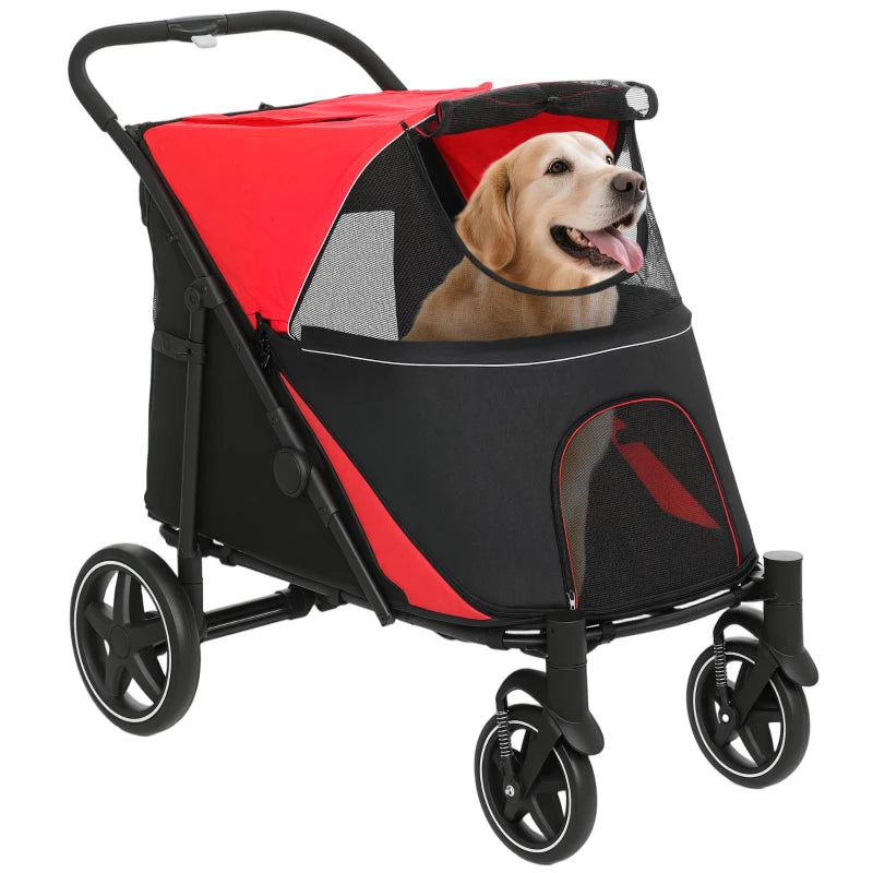 Foldable Pet Stroller with Universal Front Wheels, Shock Absorber, Dog Cat Carriage for Large & Medium Dogs, Red