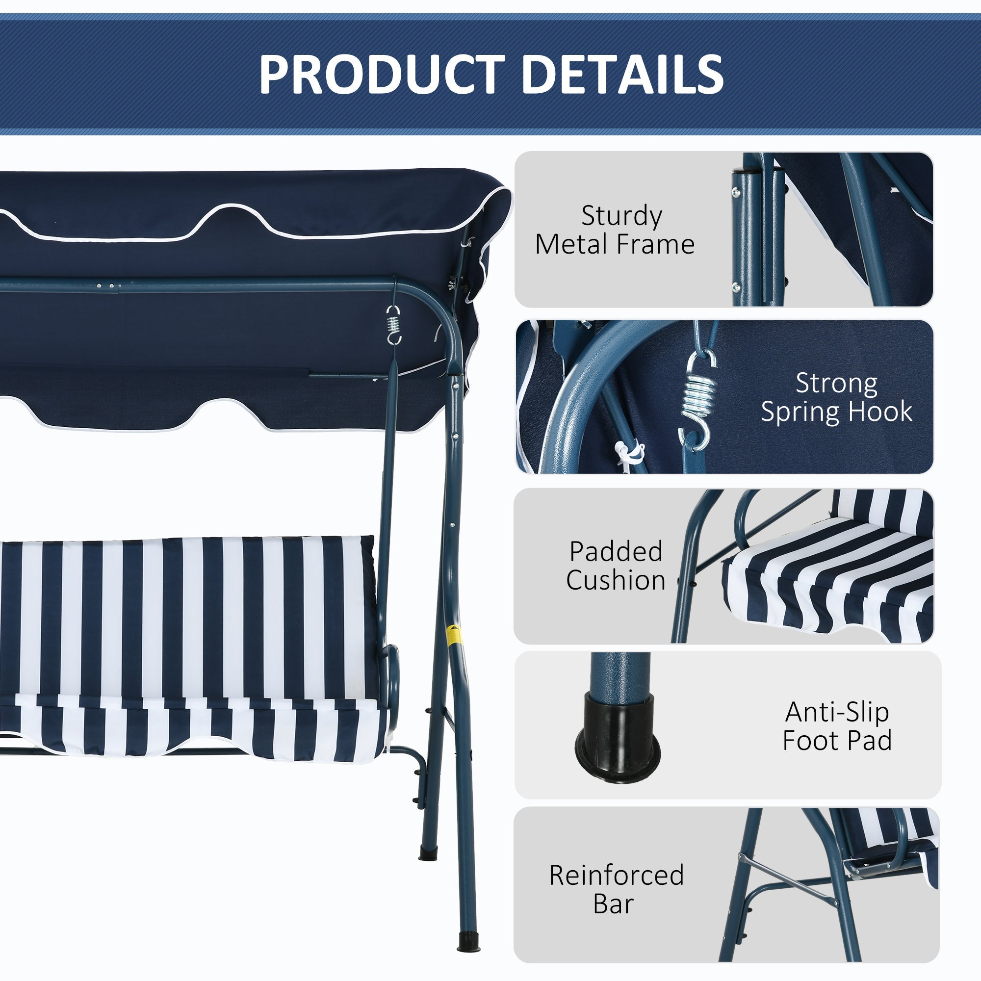 Outsunny 3-Seater Patio Swing Chair Outdoor Porch Swing with Adjustable Canopy Cushion Blue 