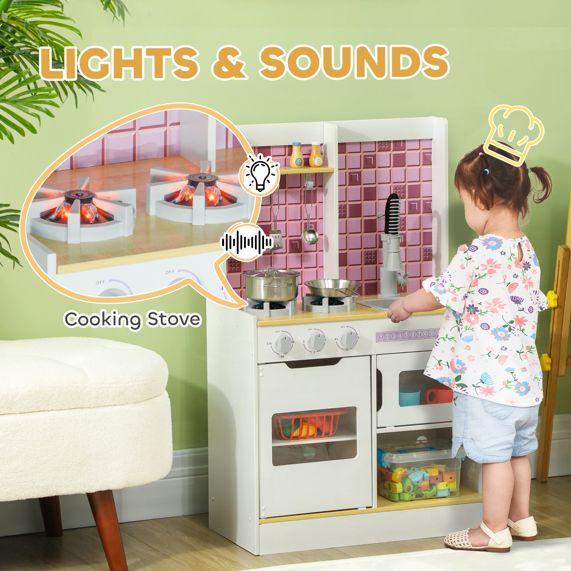 Qaba Play Kitchen Set for Kids, Kids Kitchen Playset with Realistic Lights & Sounds, Sink, Oven, Stove, White 