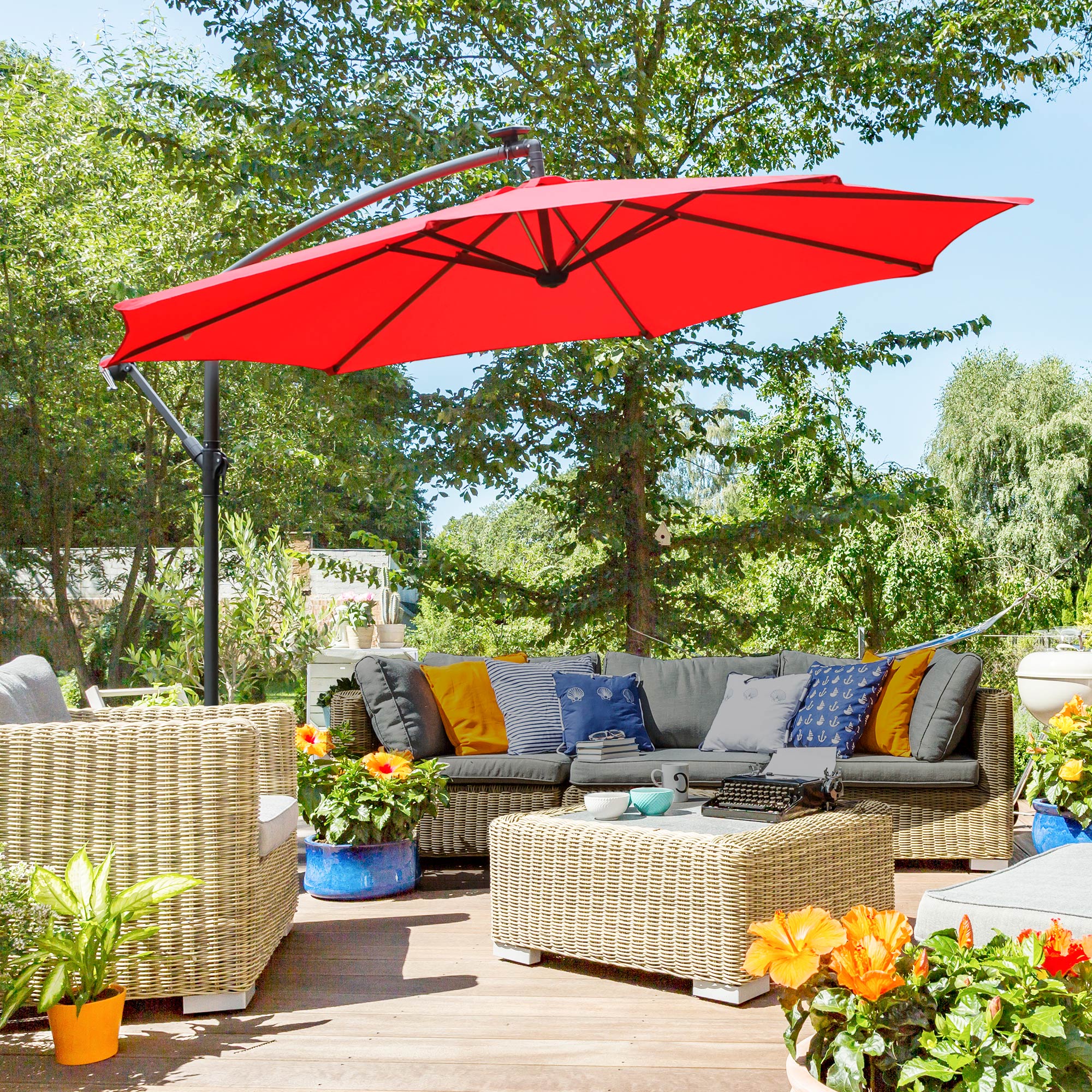 Outsunny 10ft Solar LED Cantilever Umbrella: Red Hanging Offset Market Parasol with Crank Feature 