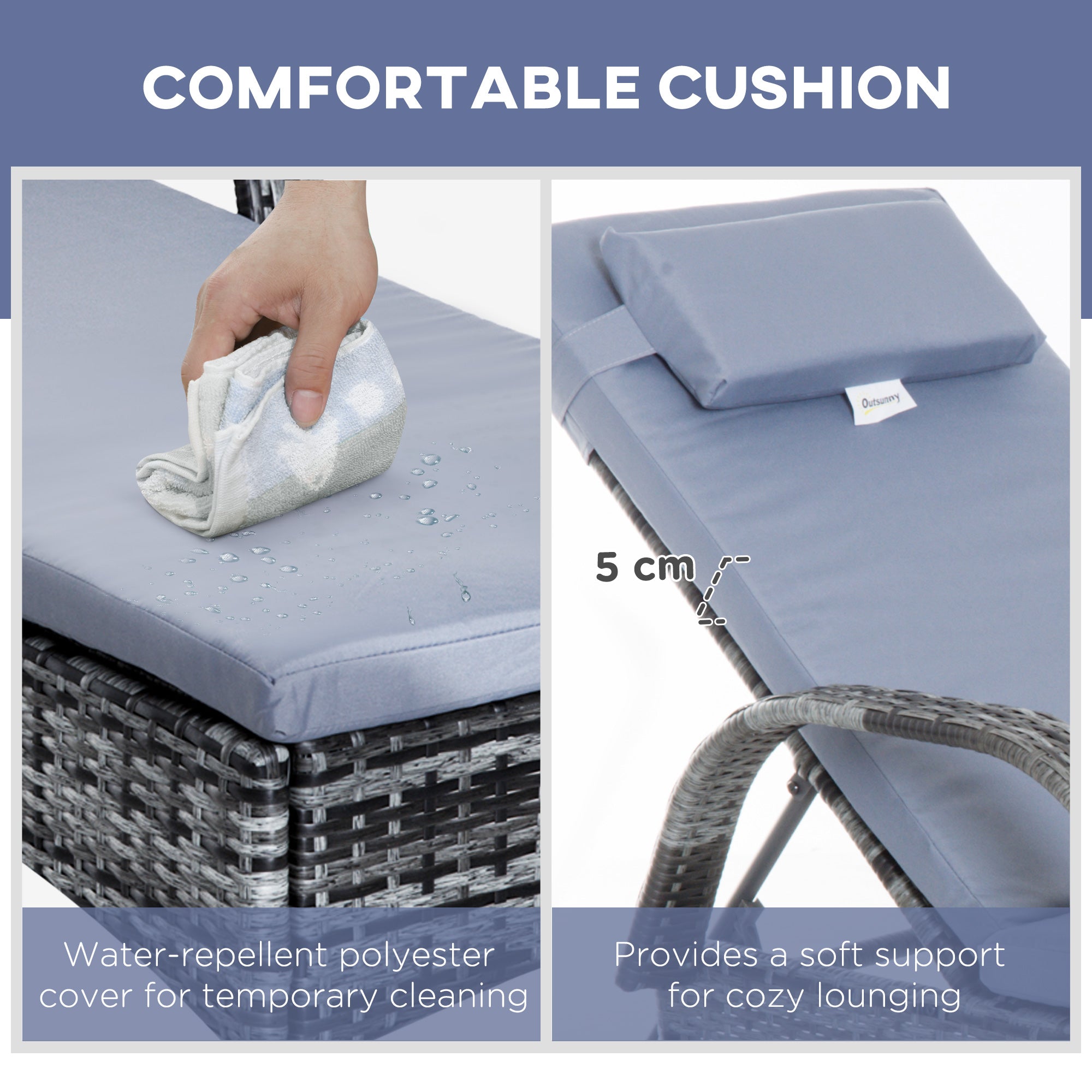 Outsunny 3 Pieces Patio Rattan Chaise Lounge Set, Outdoor PE Wicker Reclining Lounger Furniture Set, Grey 