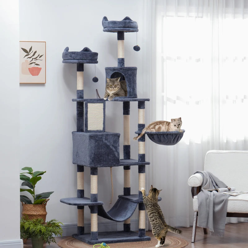 81" Large Cat Tree w/ Scratching Posts, Condos, Beds, Hammocks, Jumping Platforms, Toy Balls, Rope Cat Toy, Dark Grey