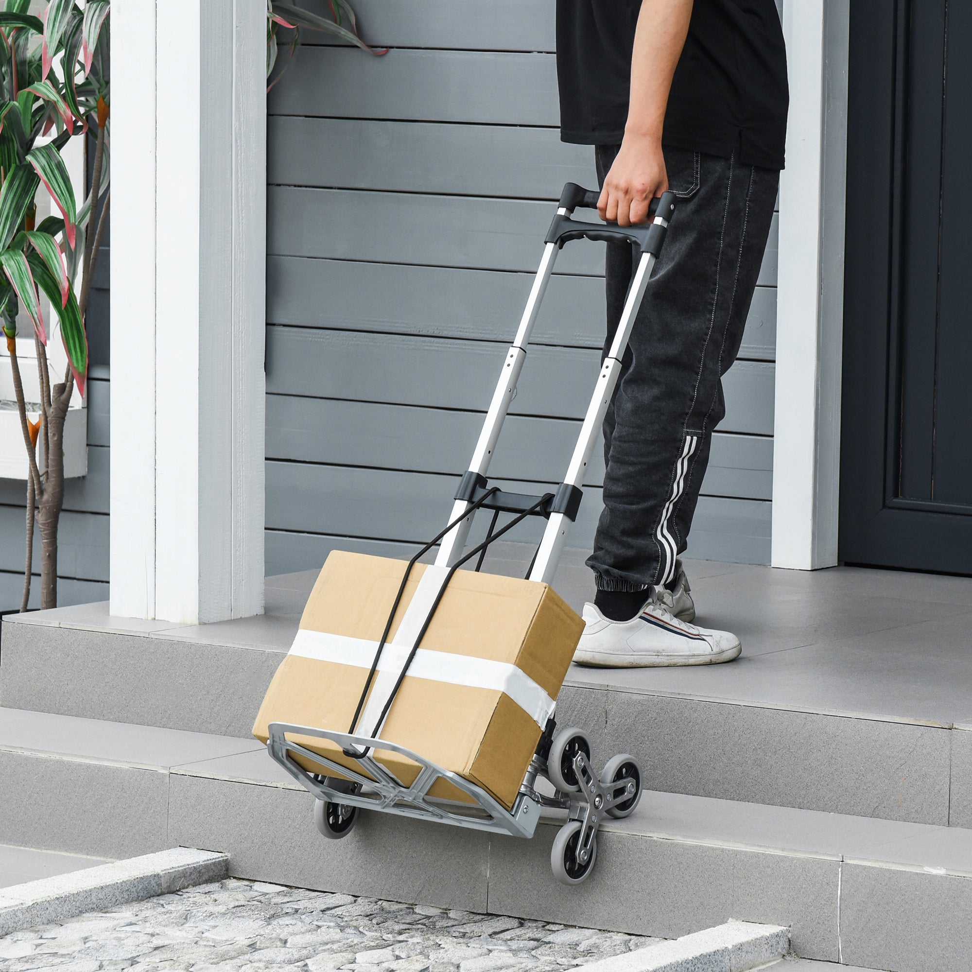 DURHAND Aluminum Ally: 6-Wheel Folding Hand Cart, Up Stairs Design, Portable 154lbs Capacity, Silver Finish 