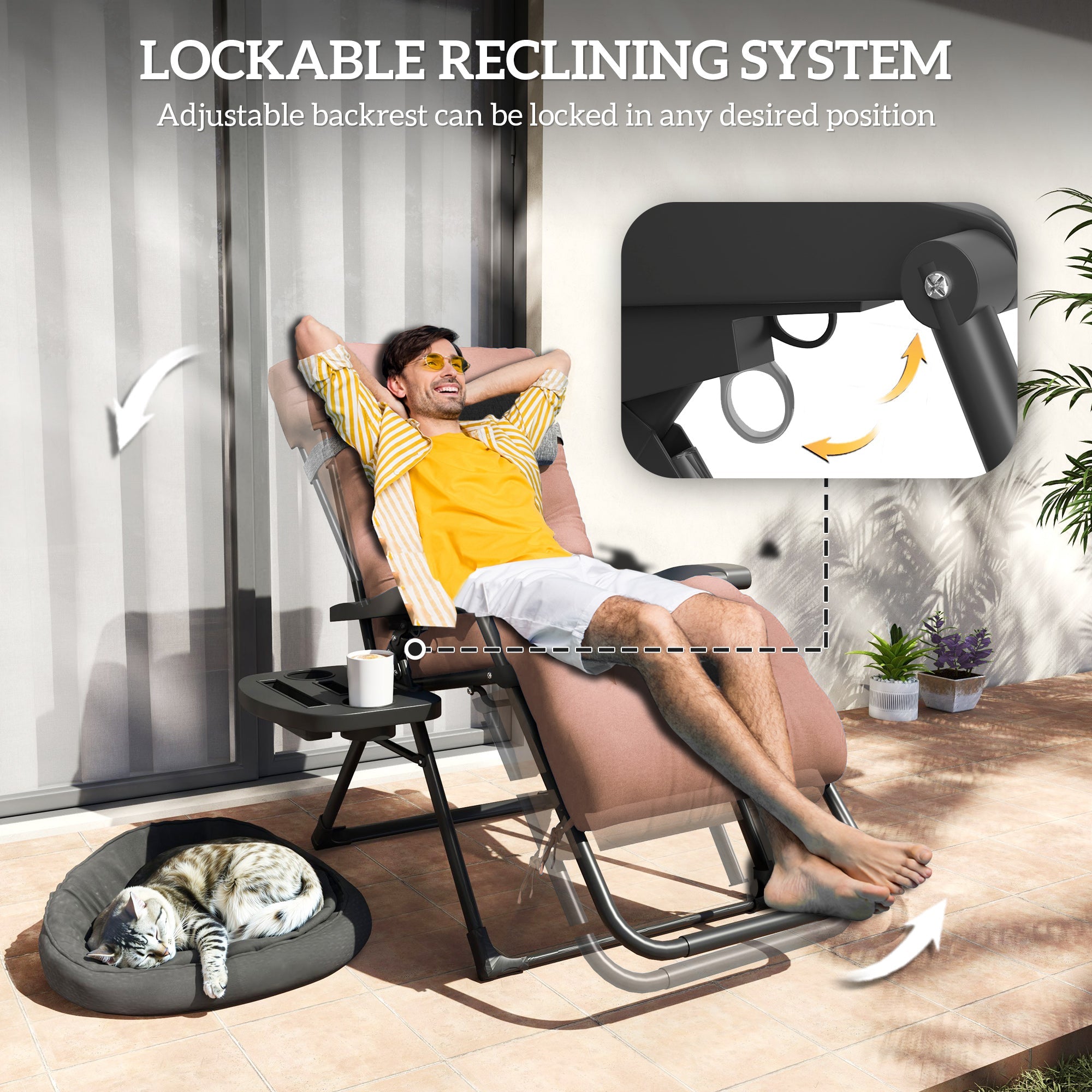 Outsunny Padded Folding Recliner Chair, Patio Lounger with Cupholder, Adjustable Backrest, Removable Cushion, Khaki 