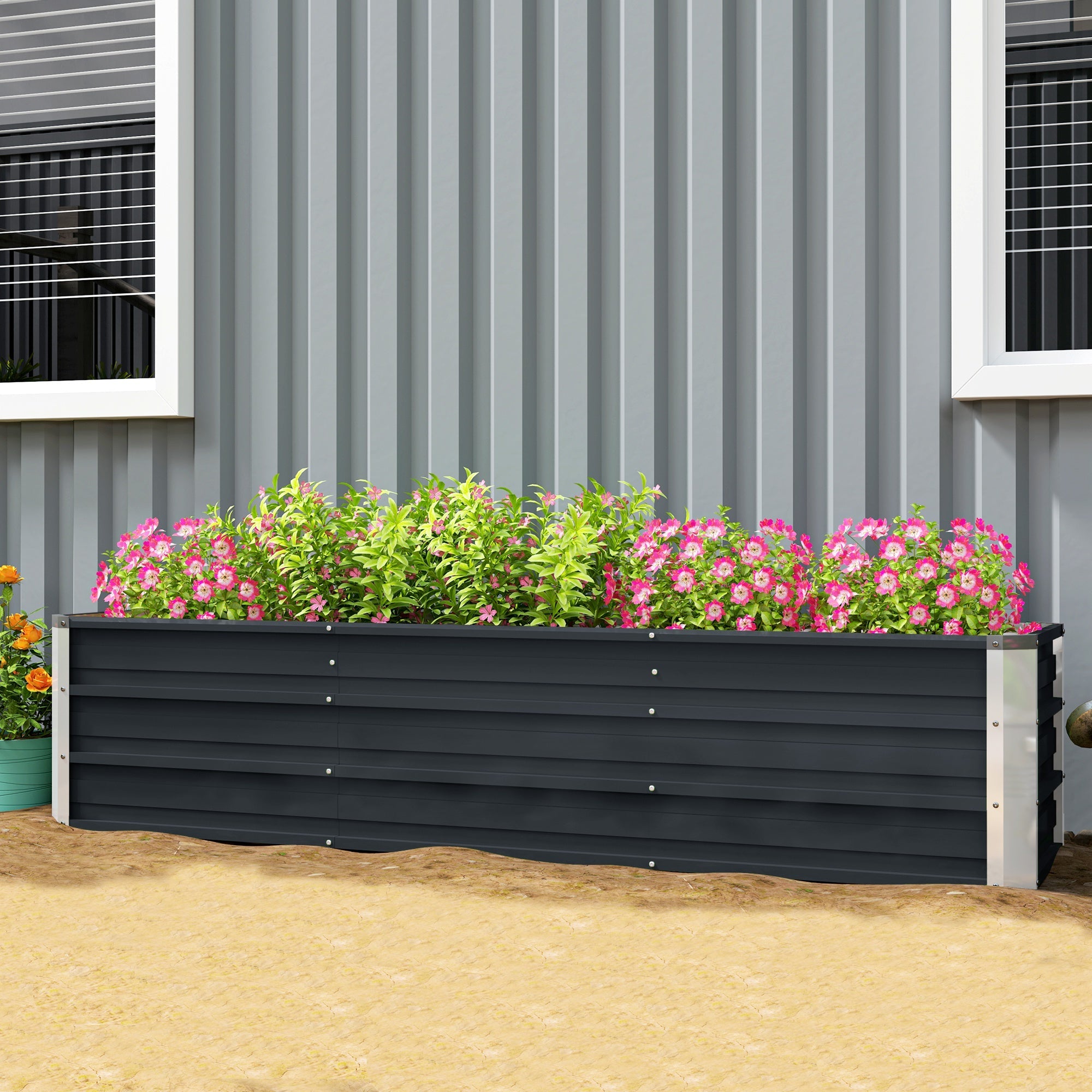 Outsunny Galvanized Raised Garden Bed, Elevated Large Metal Planter Box w/ Install Gloves for Backyard, Patio to Grow Vegetables, Herbs, and Flowers, Dark Grey 