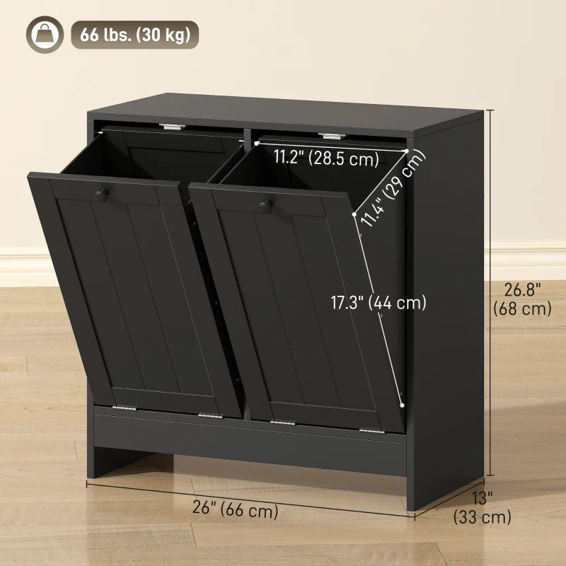 Tilt-Out Laundry Storage Cabinet, Modern Laundry Hamper with 2 Compartments for Bathroom Washroom, Black