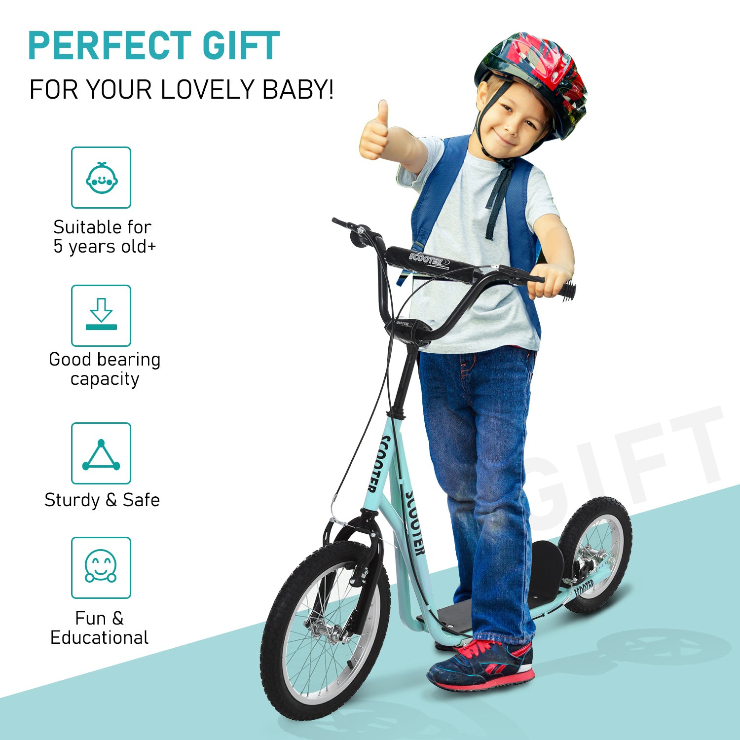 Aosom Big Wheel Scooter for Teens Youth Adjustable Handlebar with Dual Brakes Inflatable Wheels 