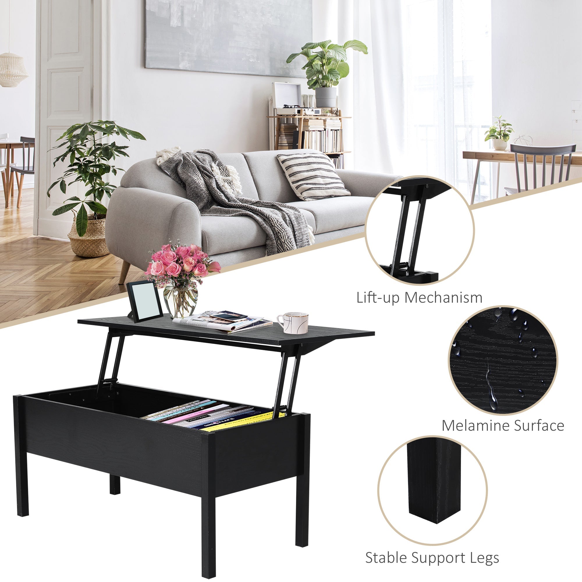 HOMCOM Black 39" Modern Lift Top Coffee Table: Center Table with Hidden Storage Compartment for Living Room 