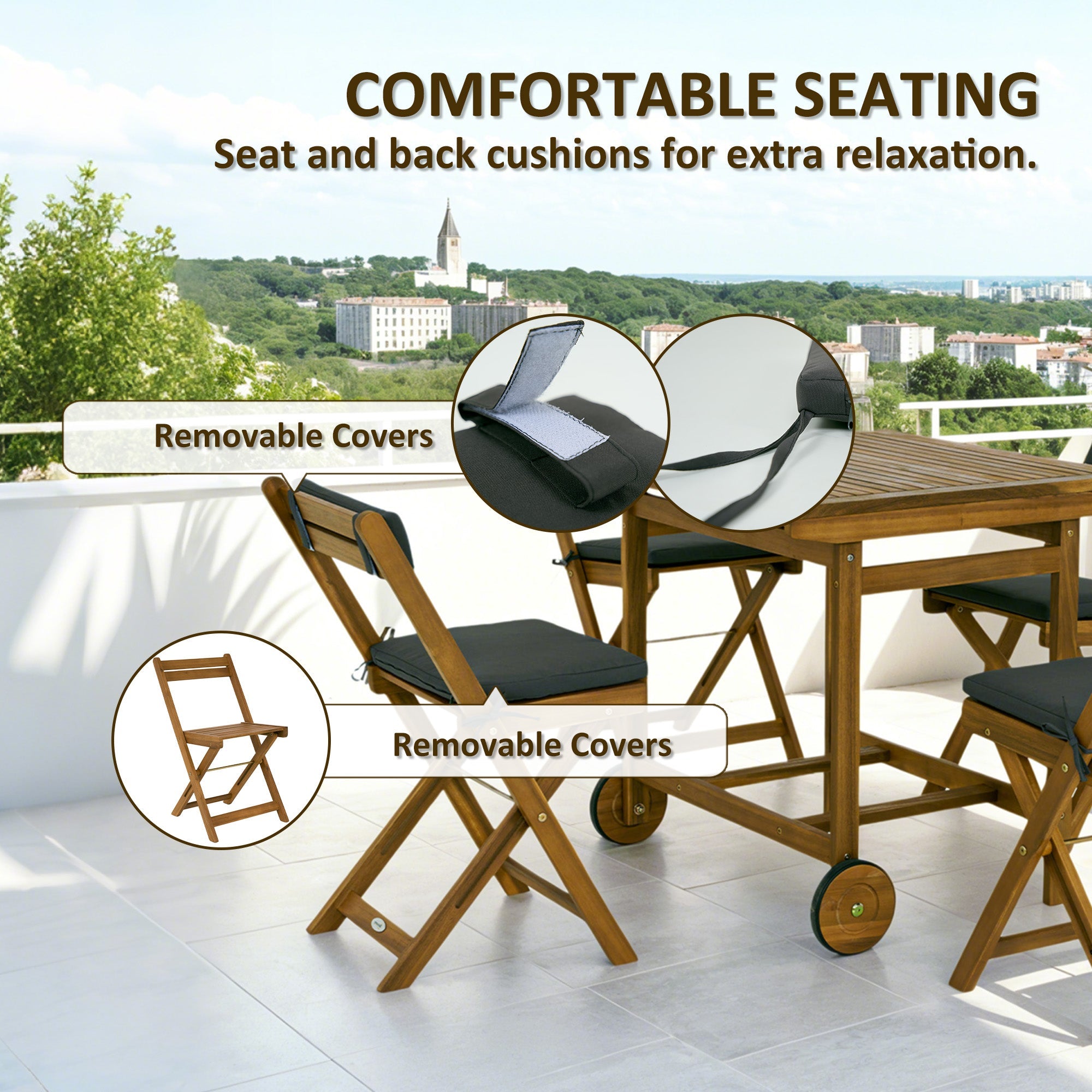 Outsunny 5 Pieces Wood Patio Dining Set, Wheeled Patio Table and Folding Chairs with Cushions for Garden Backyard Poolside, Teak 