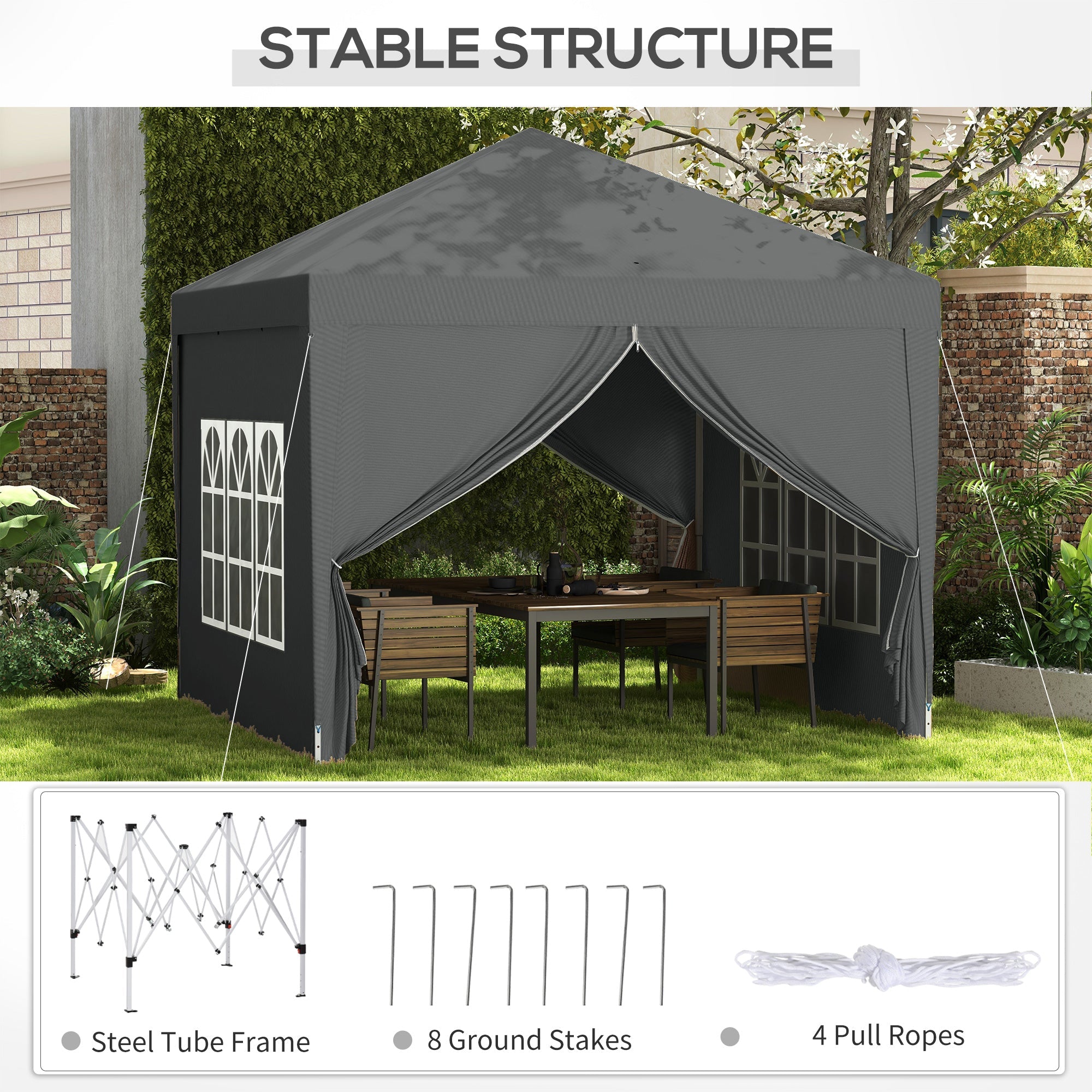 Outsunny 10'x10' Outdoor Pop Up Party Tent Wedding Gazebo Canopy with Carrying Bag (Dark Grey) 