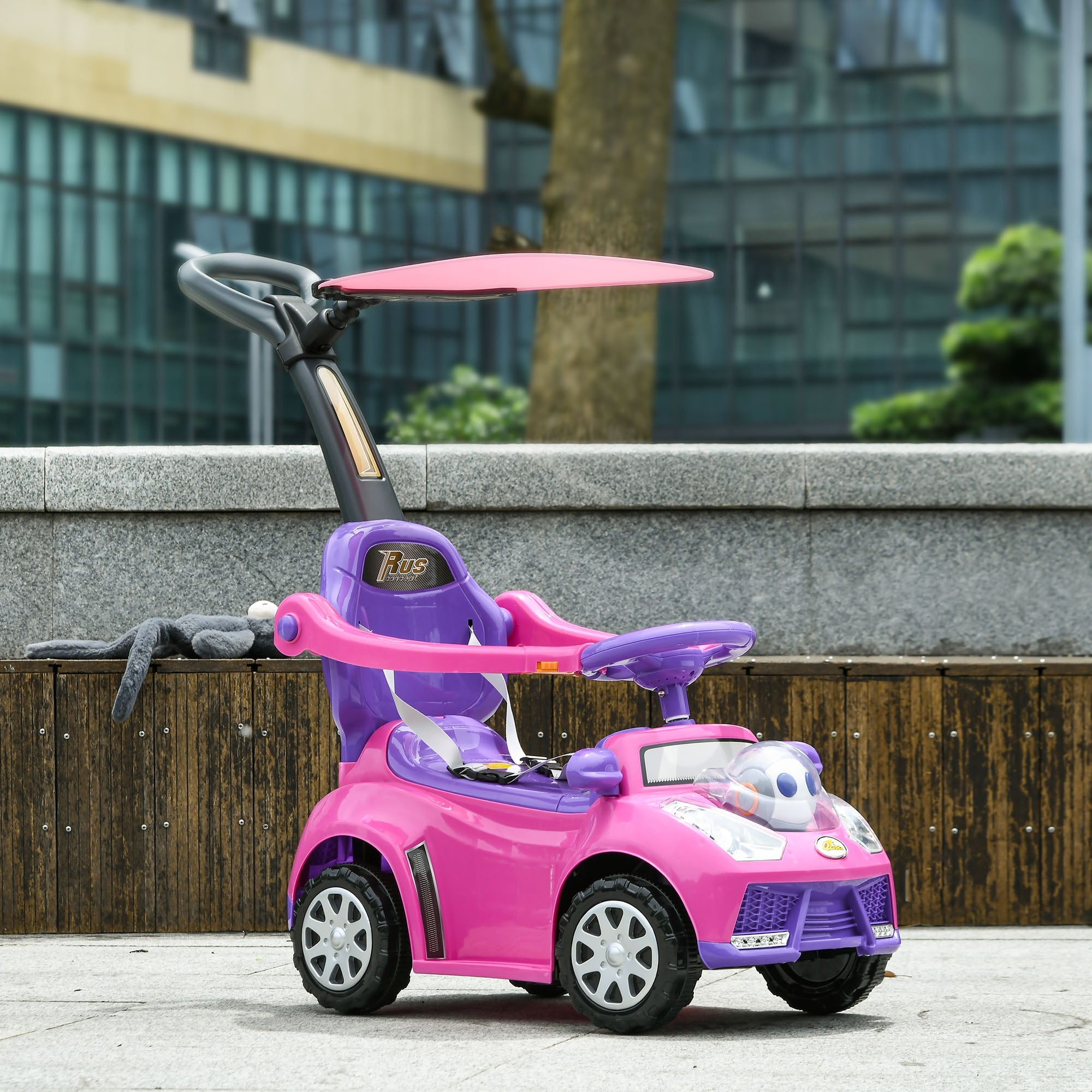 Qaba 3 in 1 Kids Push Car Toddler Sliding Car, Foot to Floor Design with Music, Light, Handle, Removable Canopy, Pink 