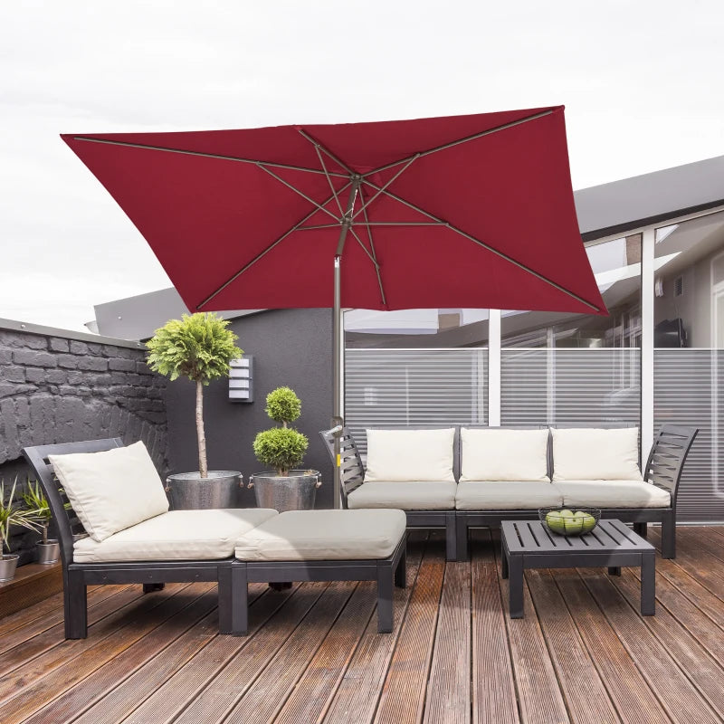 6.5x10ft Patio Umbrella, Rectangle Market Umbrella with Aluminum Frame and Crank Handle, Garden Parasol Outdoor Sunshade Canopy, Wine Red
