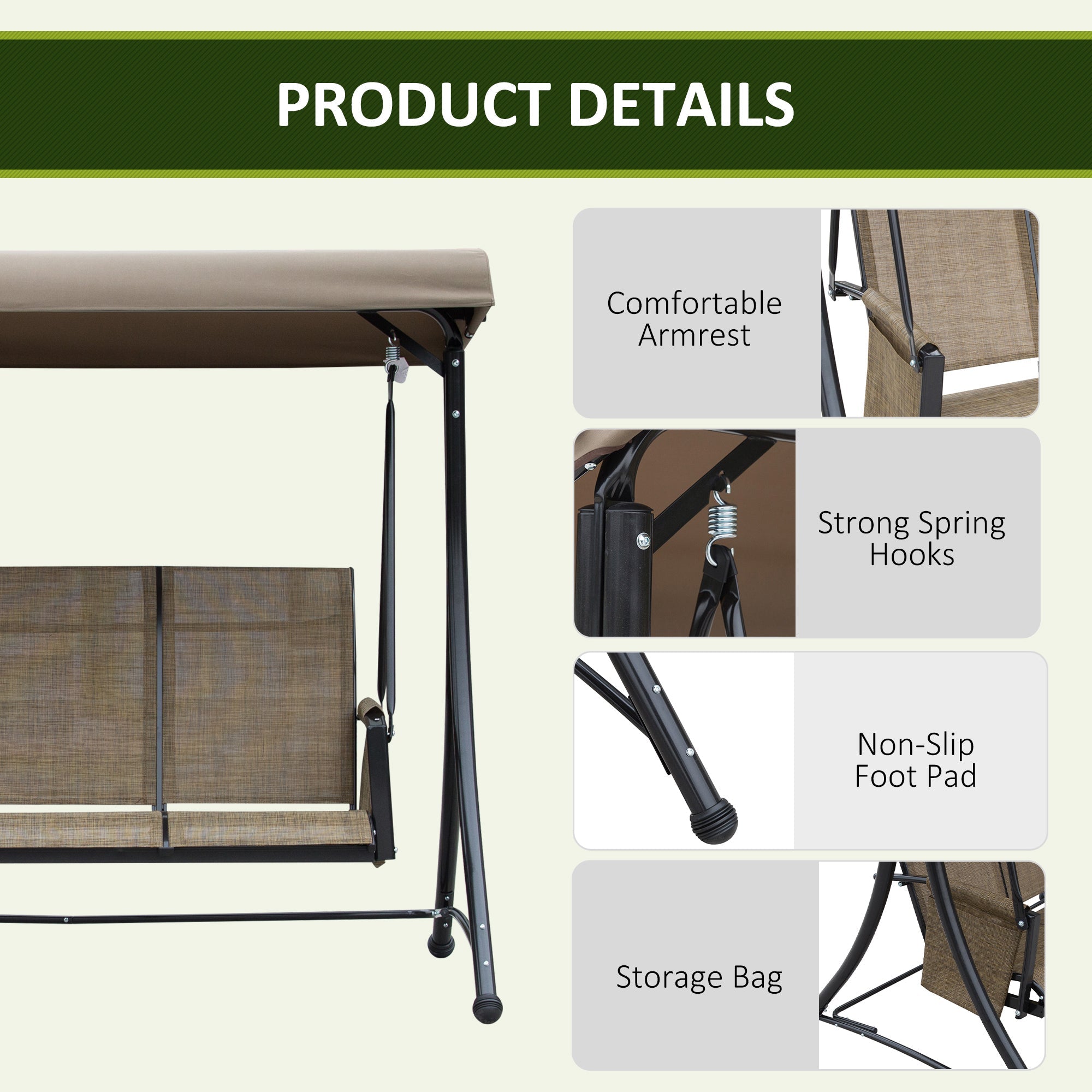 Outsunny 3 Person Porch Swing Outdoor Swing Chair with High Back Design, Side Pouches and Adjustable Canopy, Brown 