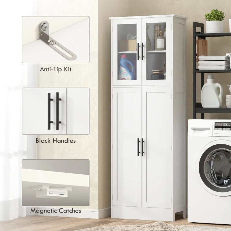 Tall Bathroom Cabinet with Glass Doors, Space-Saving Unit with Adjustable Shelves, Freestanding Storage, White