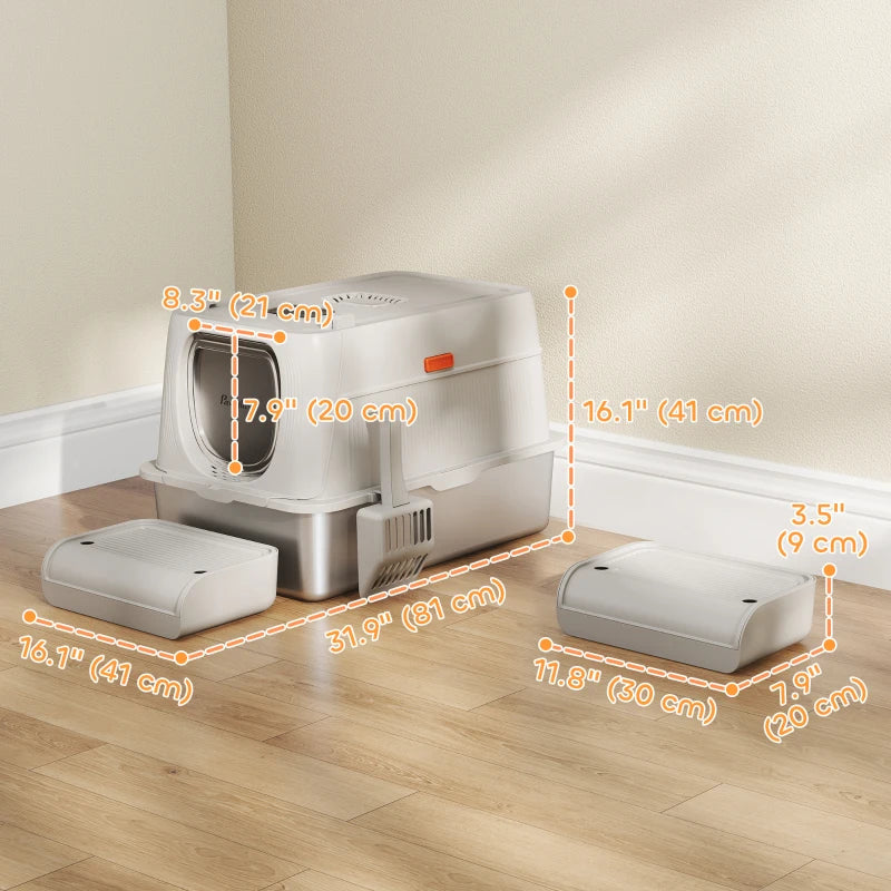 XL Stainless Steel Cat Litter Box, Kitty Litter Box with Flip Cover, Pedal, Deodorizer, for Big Cats
