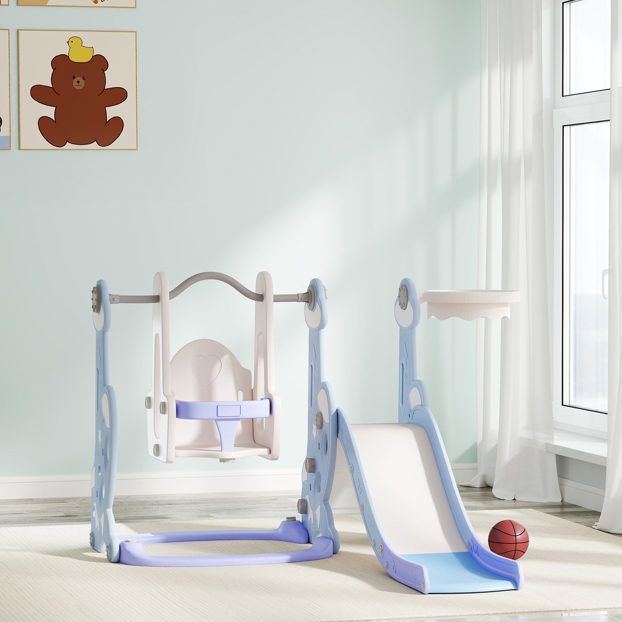 Qaba 4-in-1 Slide and Swing Set with Basketball Hoop, Climber, for Ages 1.5-4 Boys Girls Toddler, Rocket Themed, Light Blue 