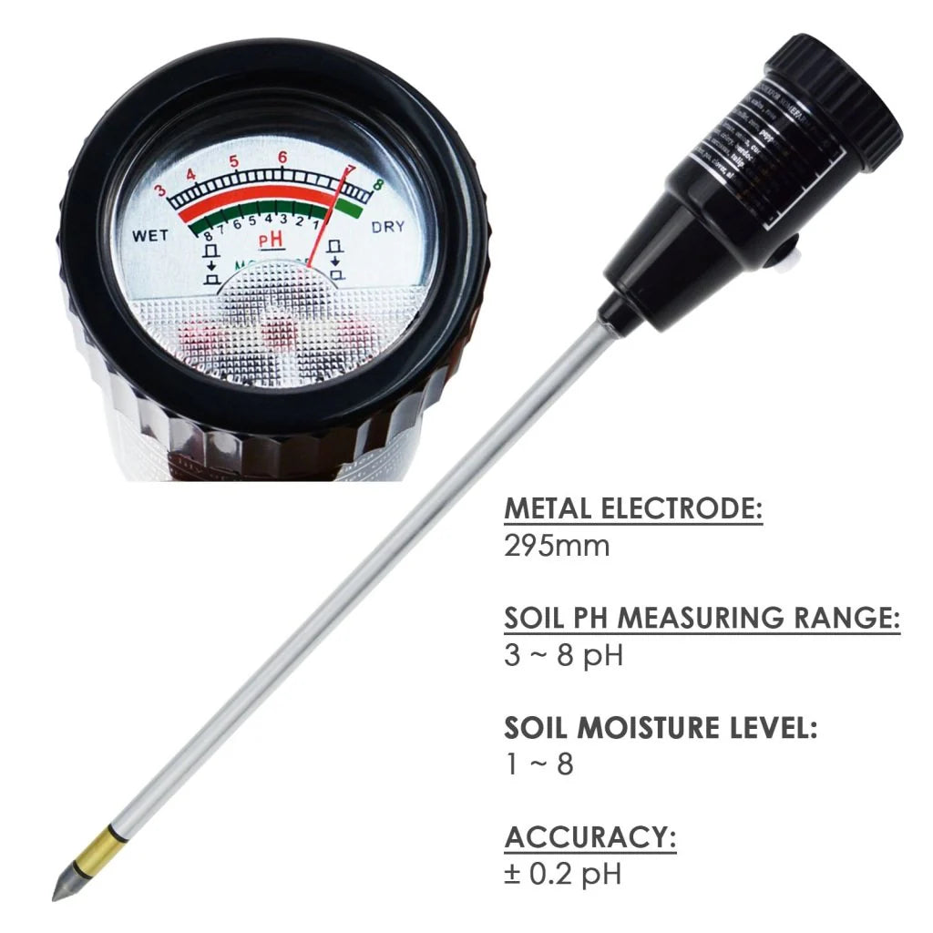 Soil pH & Moisture Tester Meter with 295mm Waterproof Probe