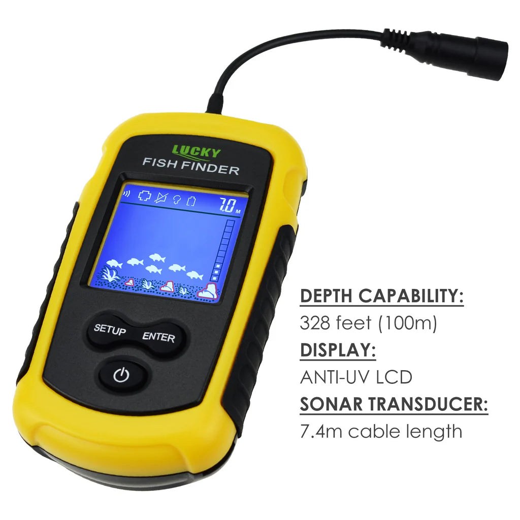 FFC-1108-1 Portable Fish Finder Sonar, 328 ft Depth Detection, 2" TN Anti-UV LCD Display with LED Backlight, Wired Transducer for Boat, Kayak & Ice Fishing