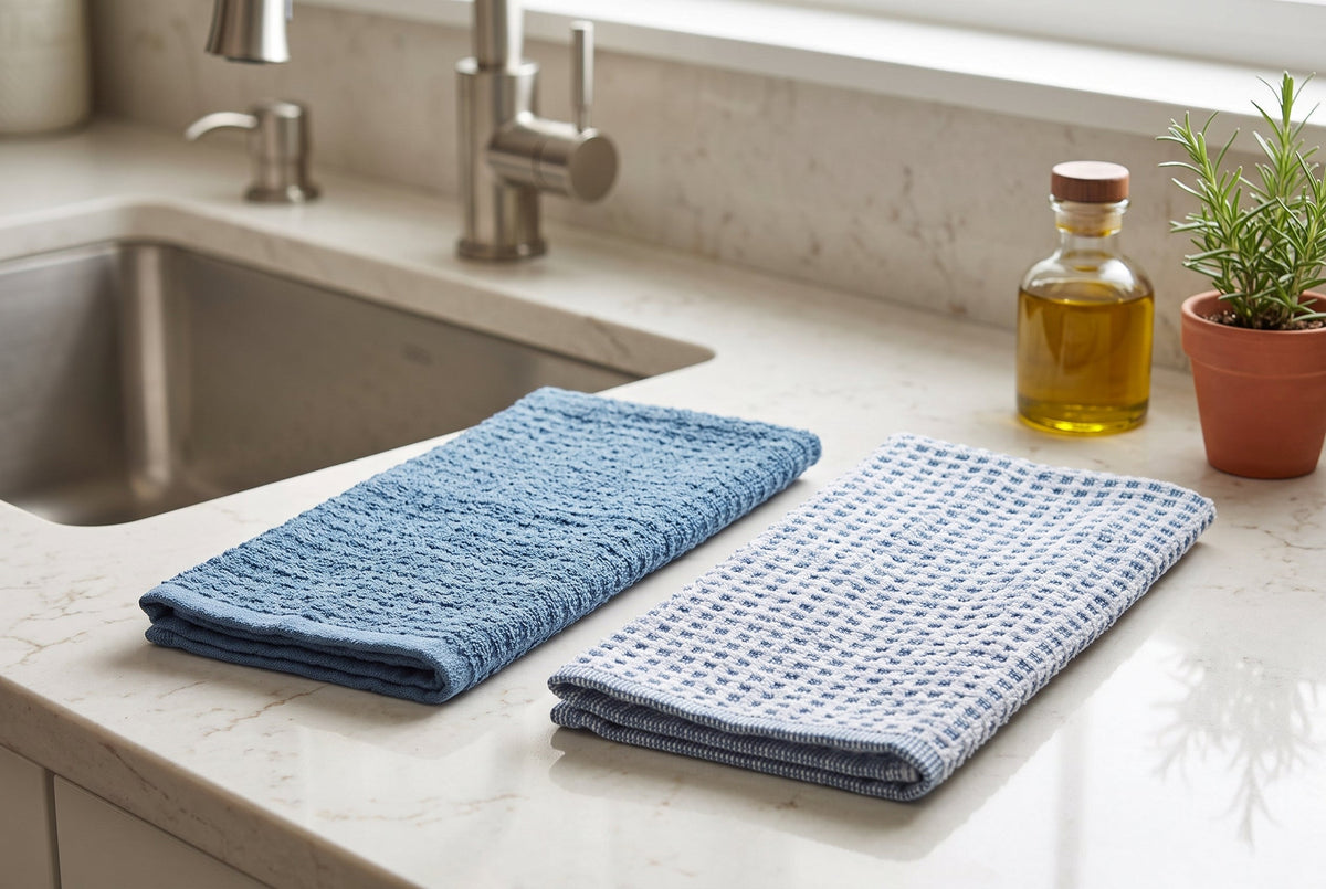 Kitchen Towels, Set of 2, 100% Cotton Woven Terry, Textured and Check, 16 x 24 in (41 x 61 cm)
