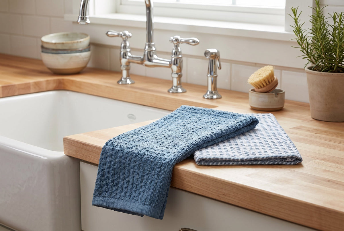 Kitchen Towels, Set of 2, 100% Cotton Woven Terry, Textured and Check, 16 x 24 in (41 x 61 cm)