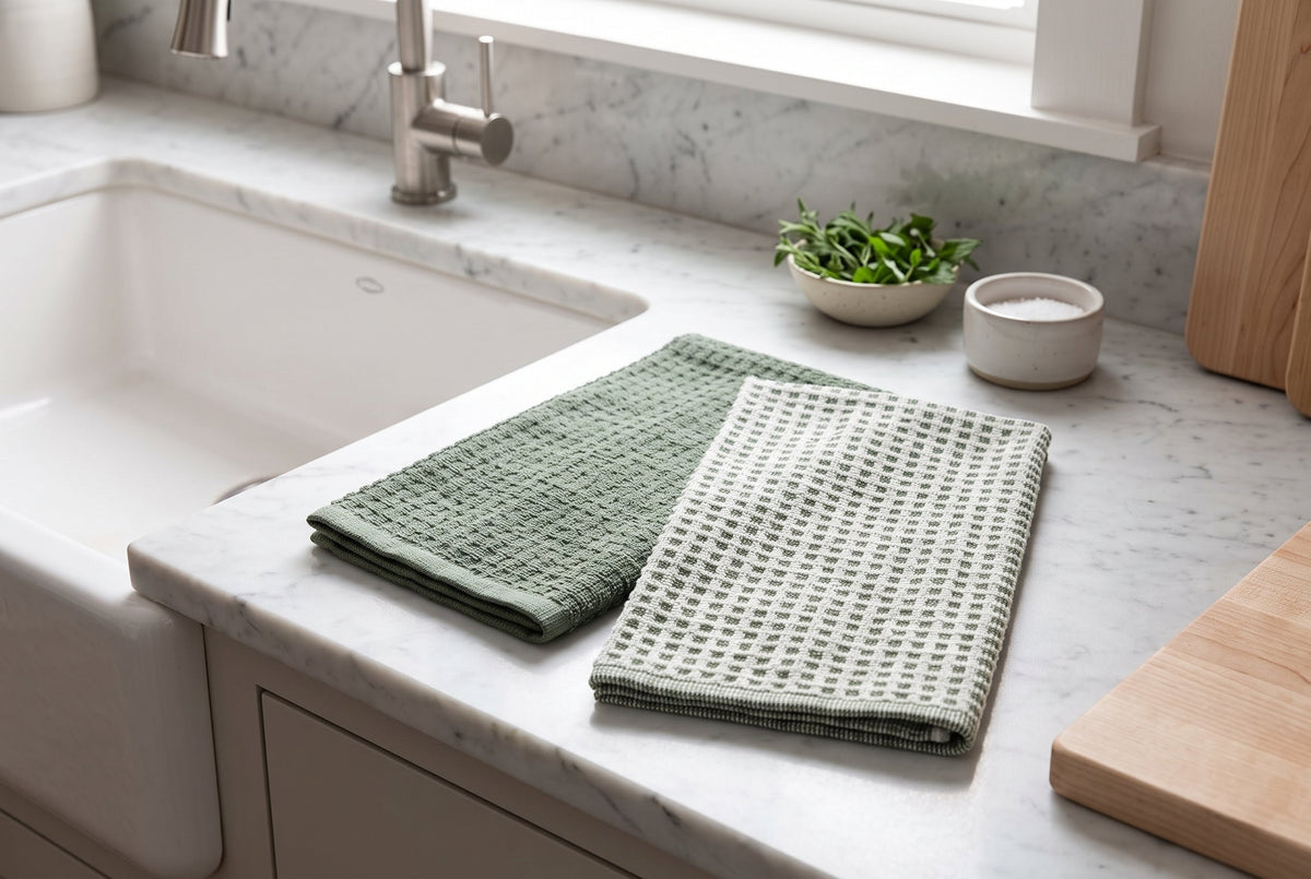 Kitchen Towels, Set of 2, 100% Cotton Woven Terry, Textured and Check, 16 x 24 in (41 x 61 cm)