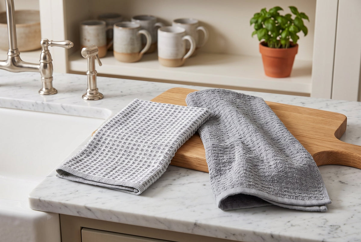 Kitchen Towels, Set of 2, 100% Cotton Woven Terry, Textured and Check, 16 x 24 in (41 x 61 cm)