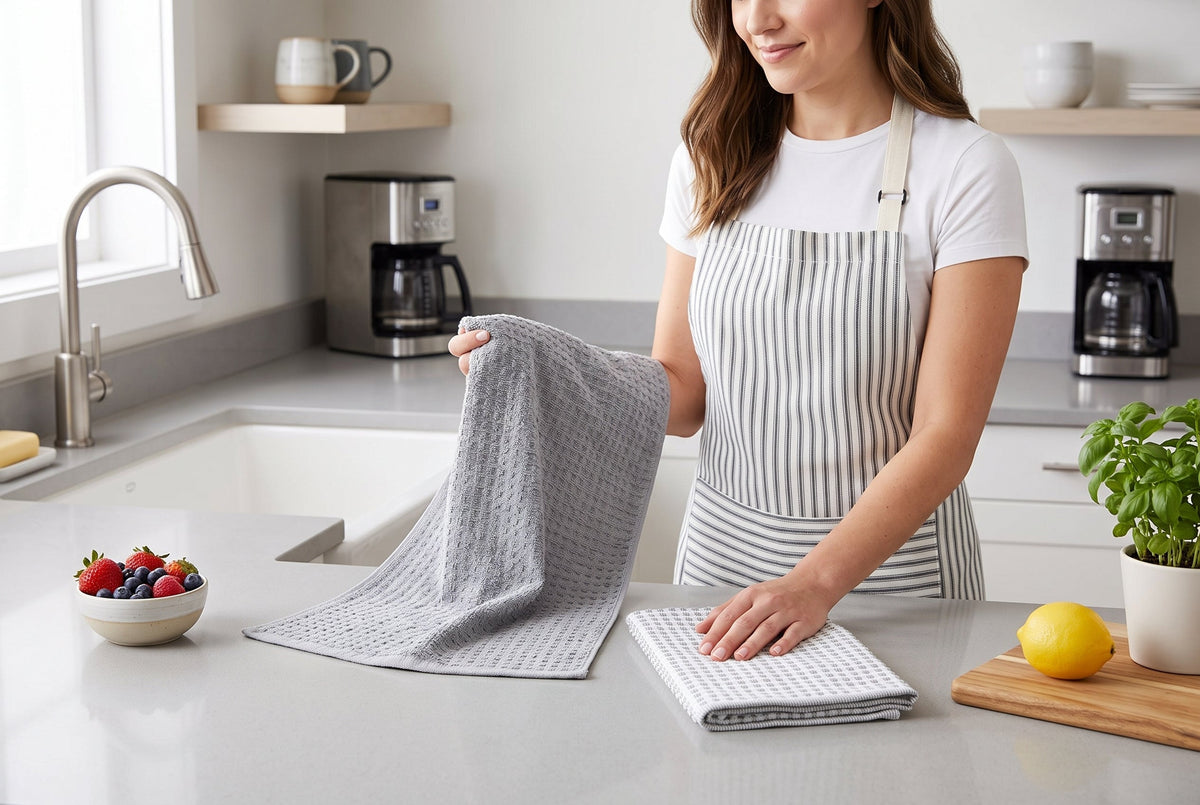 Kitchen Towels, Set of 2, 100% Cotton Woven Terry, Textured and Check, 16 x 24 in (41 x 61 cm)